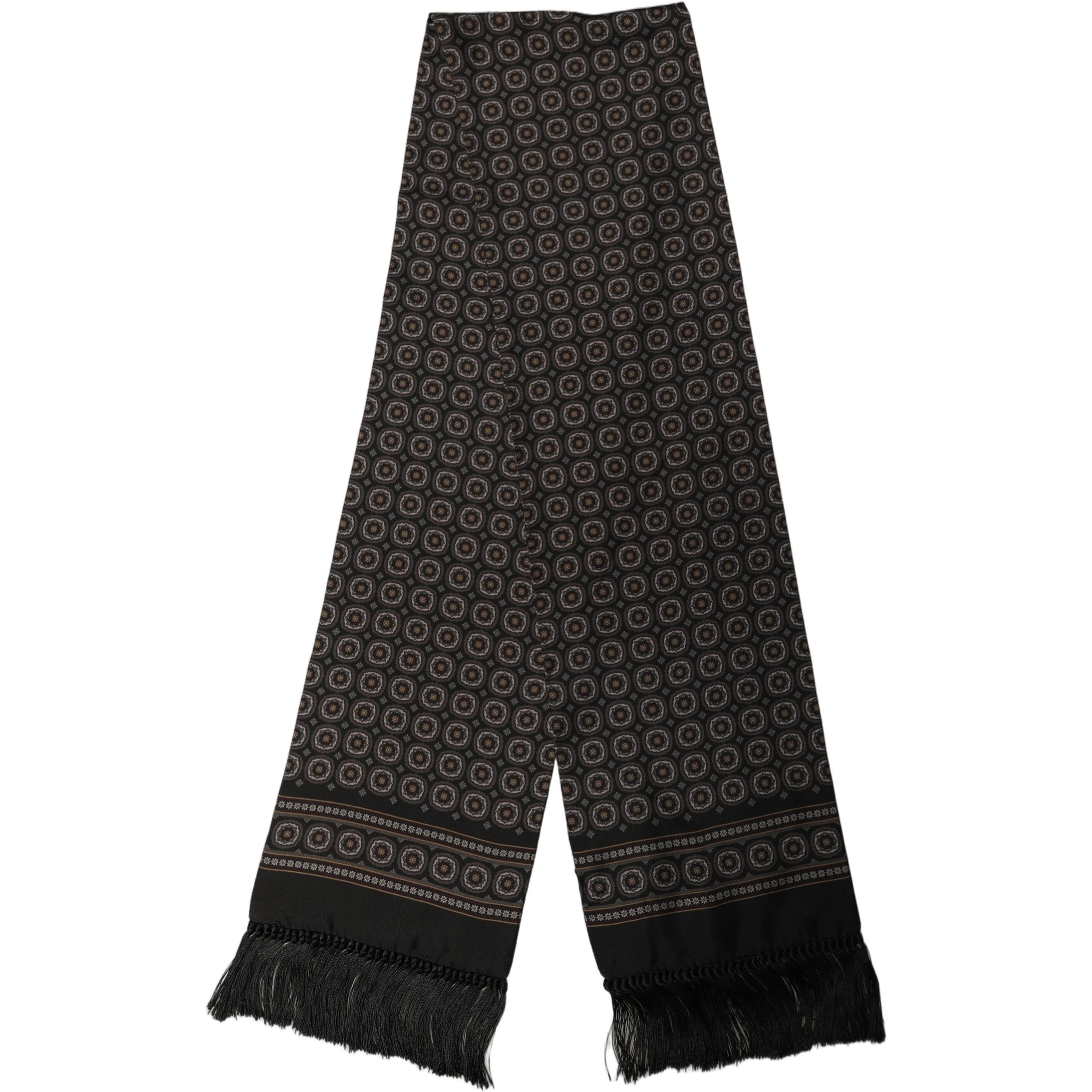 Black Silk Geometric Fringed Neck Shawl Scarf