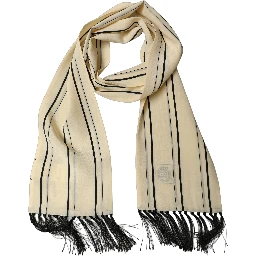 Beige Silk Striped Fringed Neck Shawl Scarf