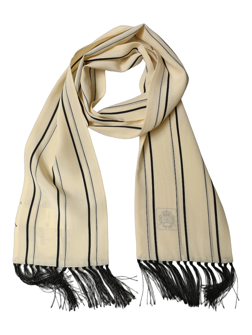Beige Silk Striped Fringed Neck Shawl Scarf