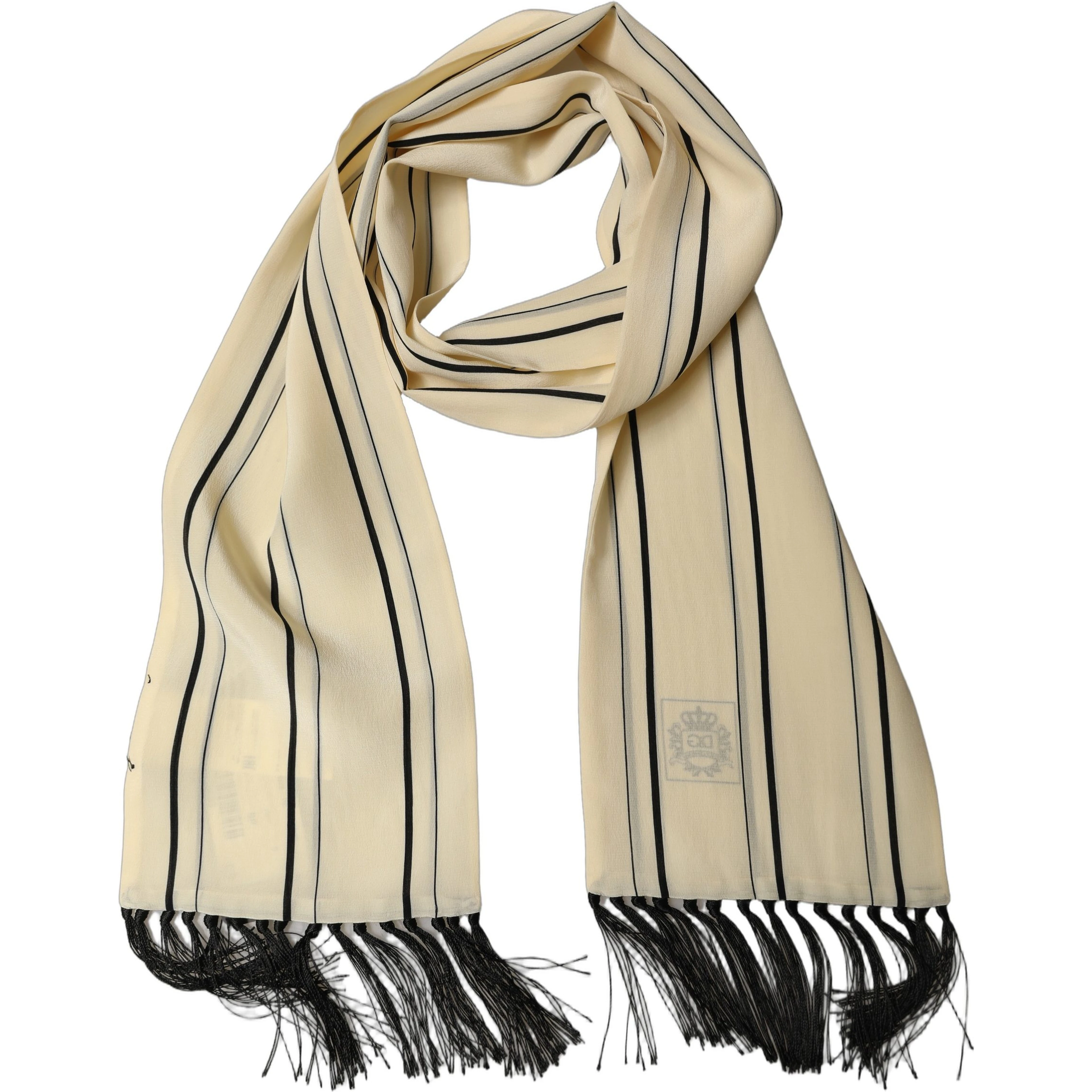 Beige Silk Striped Fringed Neck Shawl Scarf