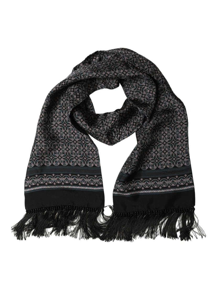 Black Silk Geometric Fringed Neck Shawl Scarf