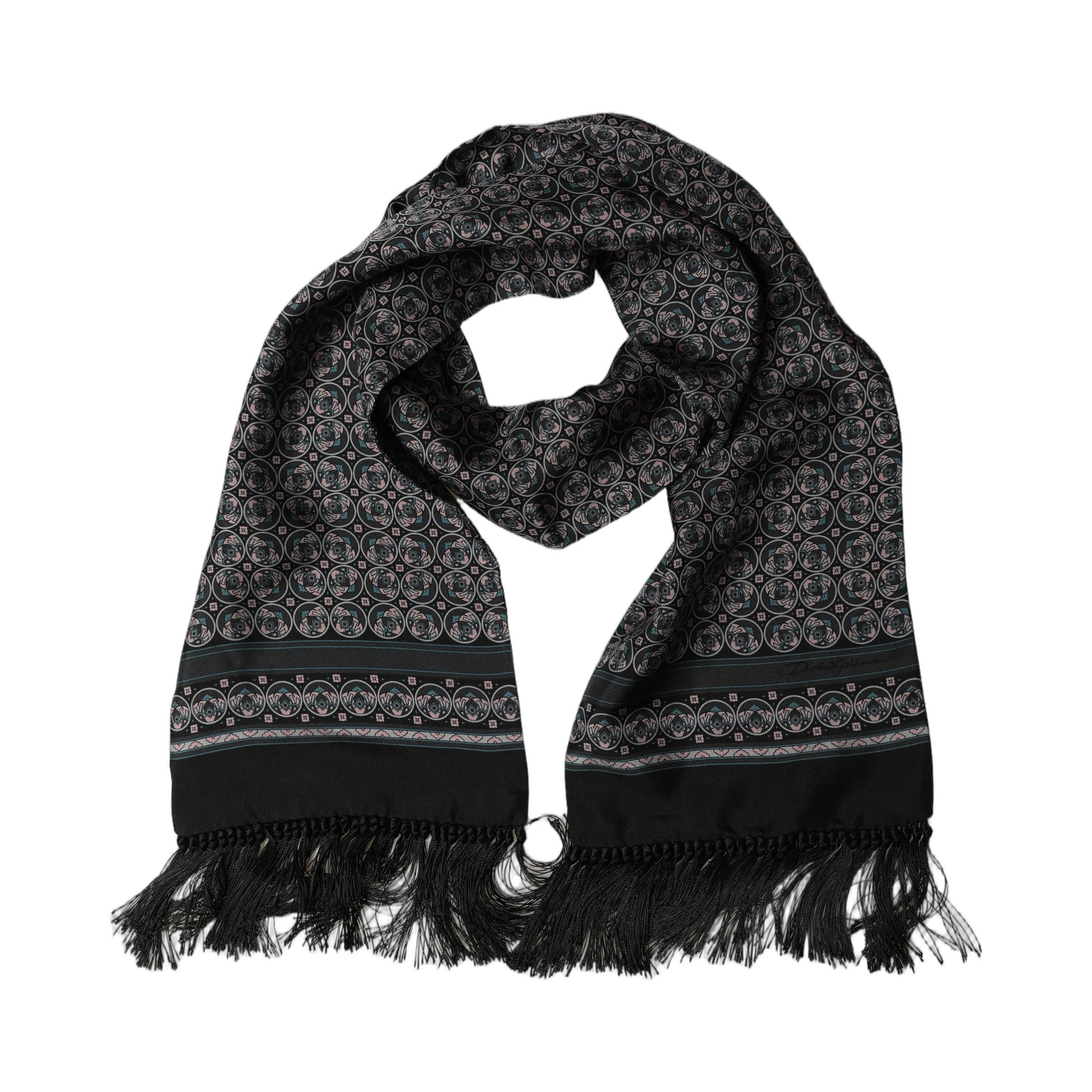 Black Silk Geometric Fringed Neck Shawl Scarf