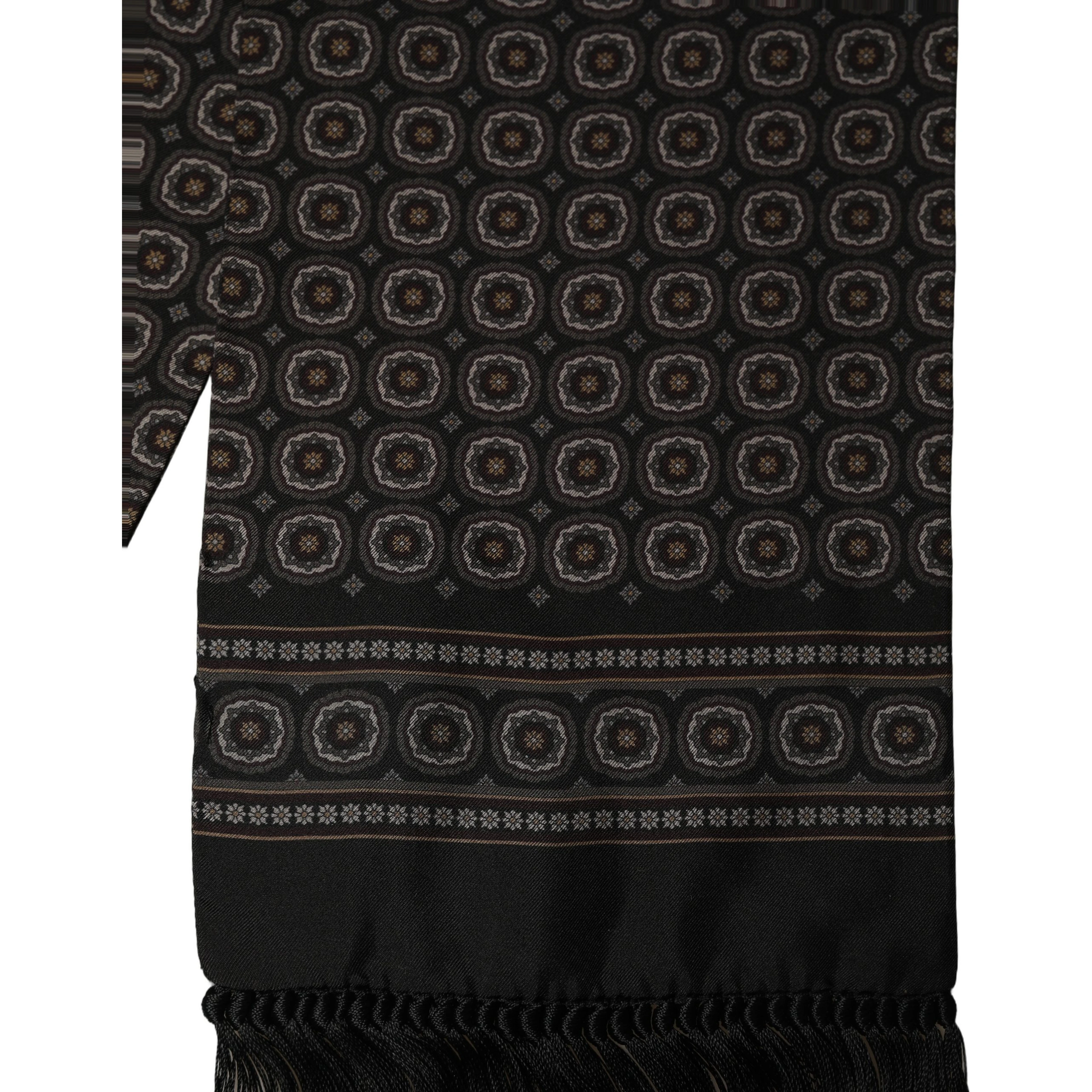 Black Silk Geometric Fringed Neck Shawl Scarf