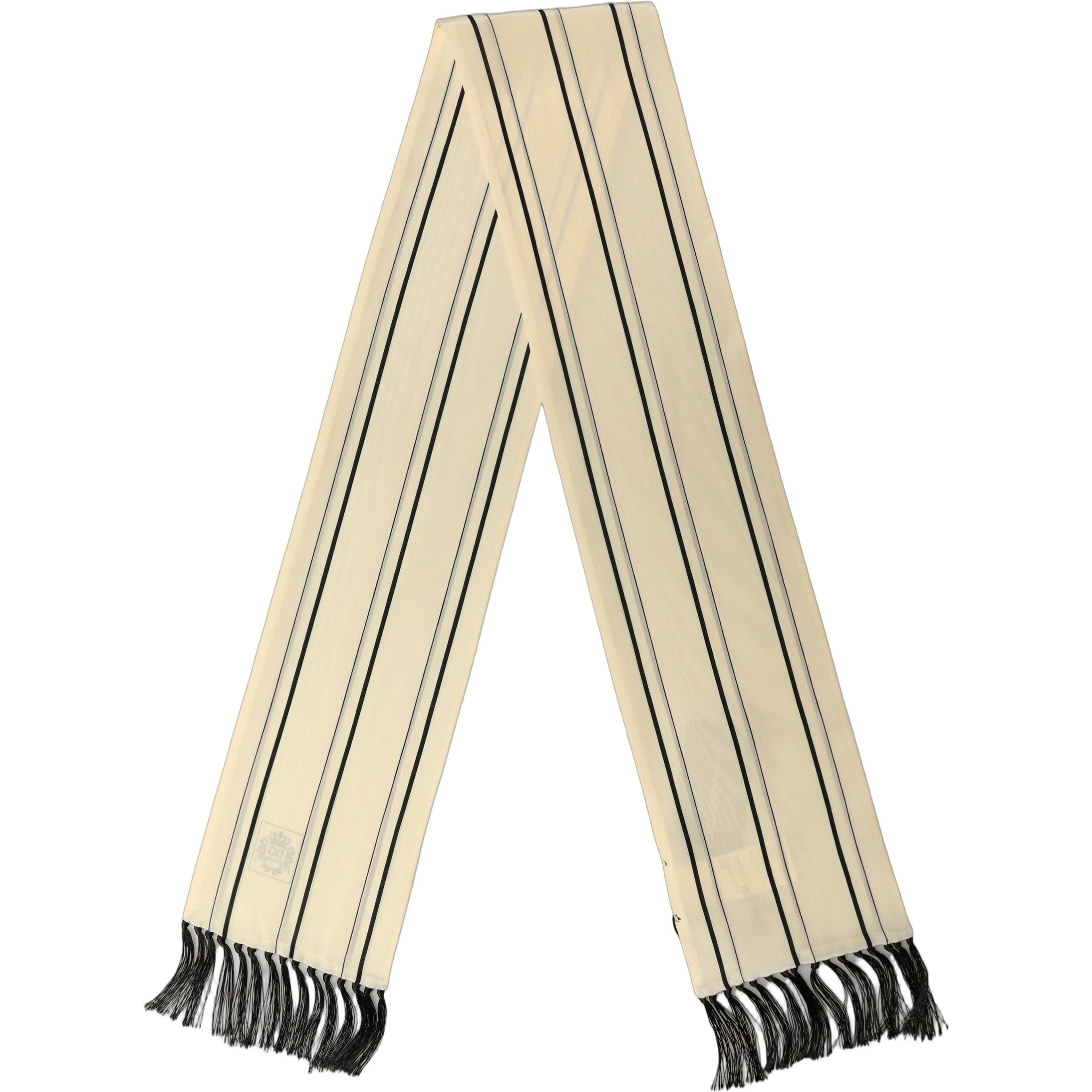 Beige Silk Striped Fringed Neck Shawl Scarf