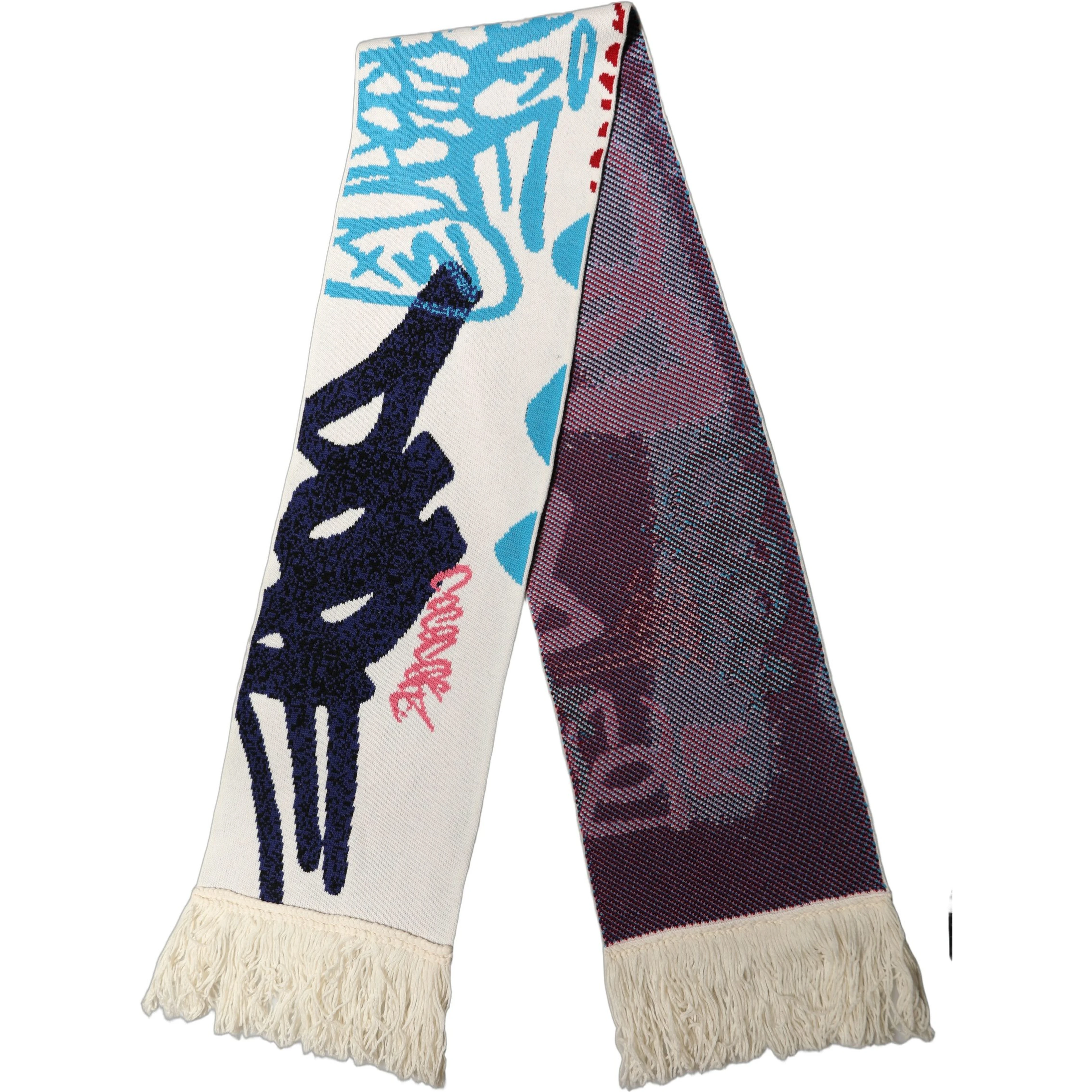 White Graphic Cashmere Fringed Shawl Scarf