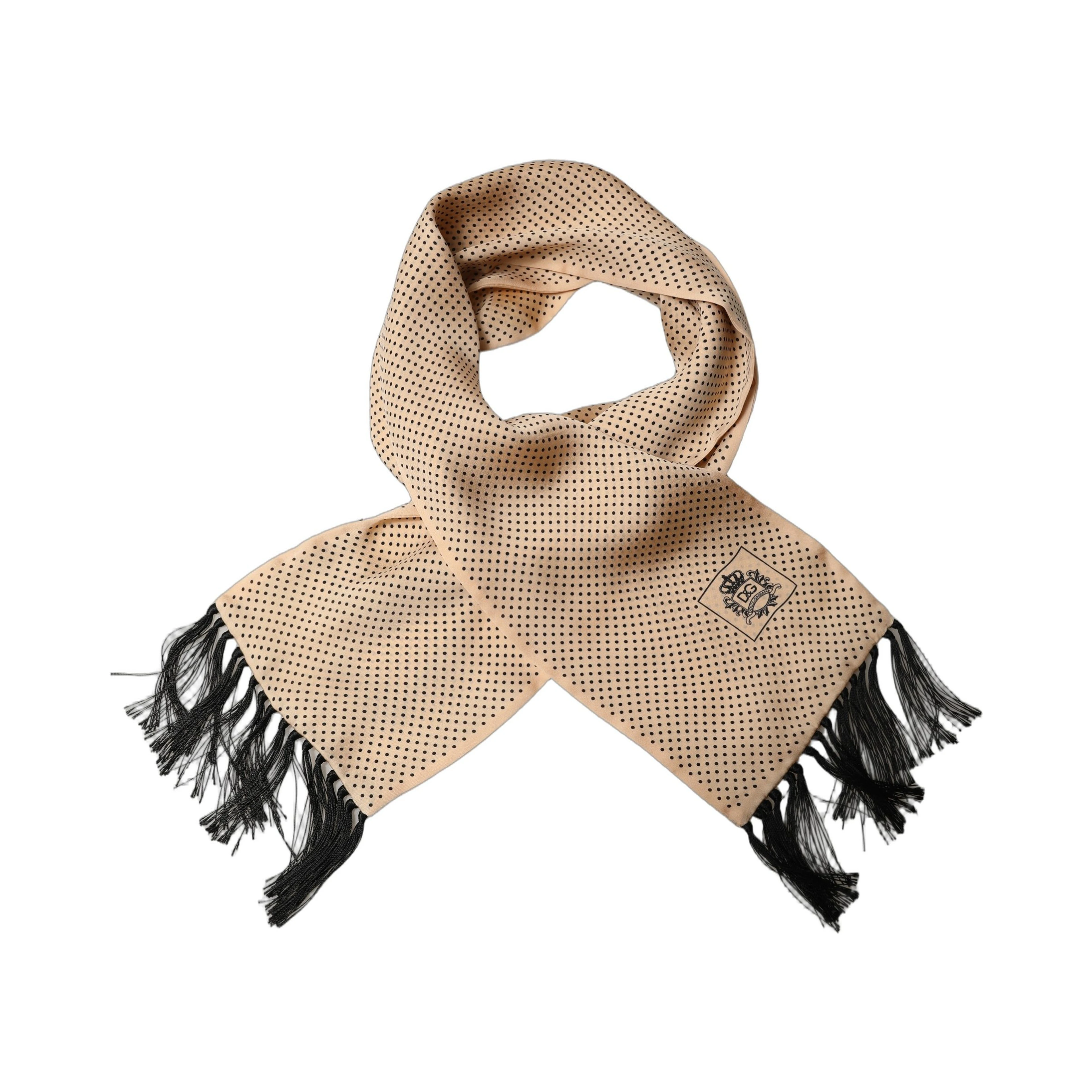 Beige Silk Dotted Fringed Neck Shawl Scarf