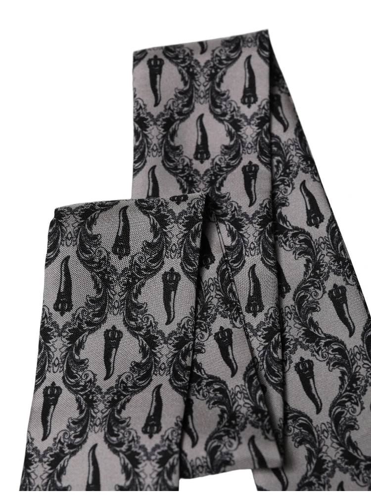 Gray Baroque Silk Fringed Skinny Foulard Scarf