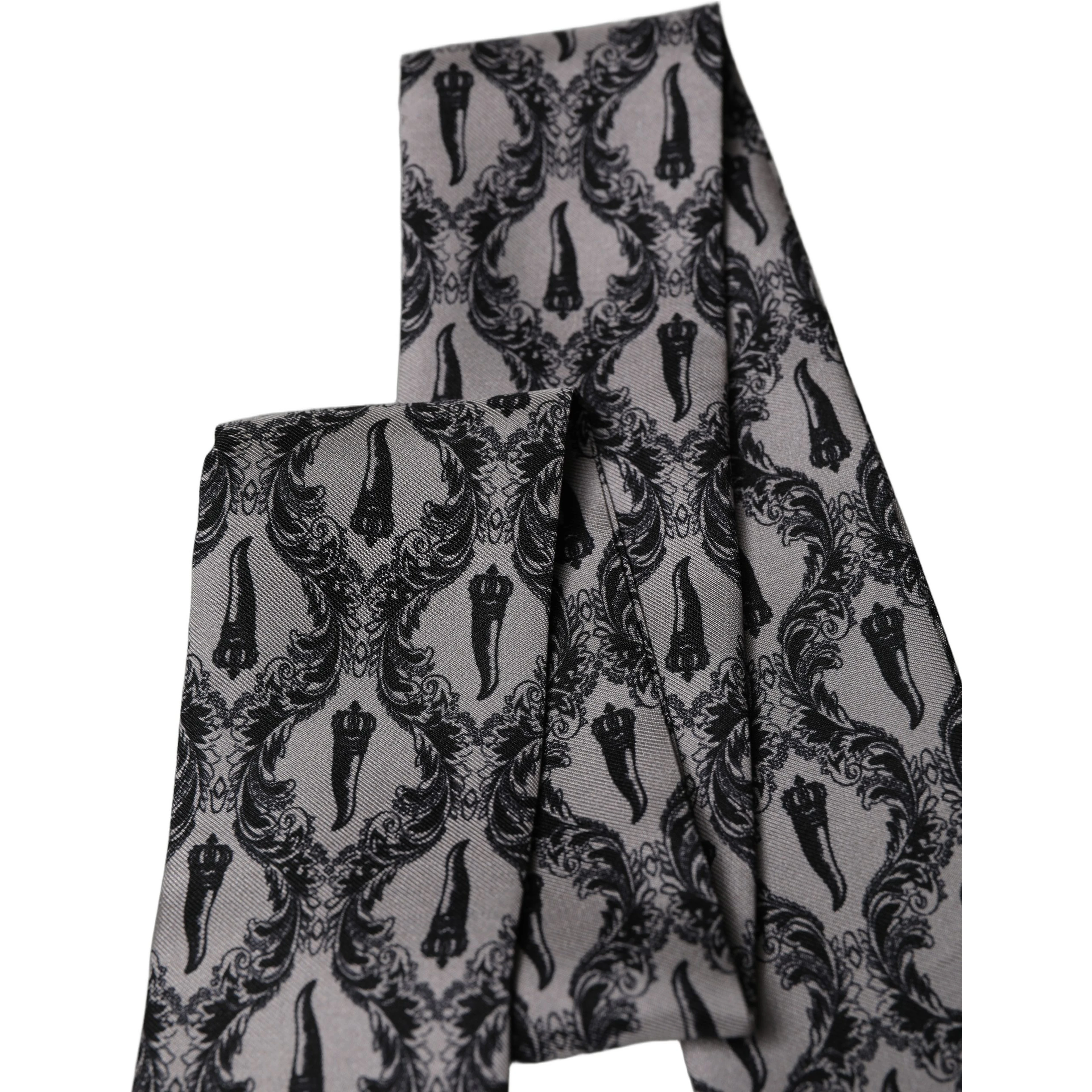 Gray Baroque Silk Fringed Skinny Foulard Scarf