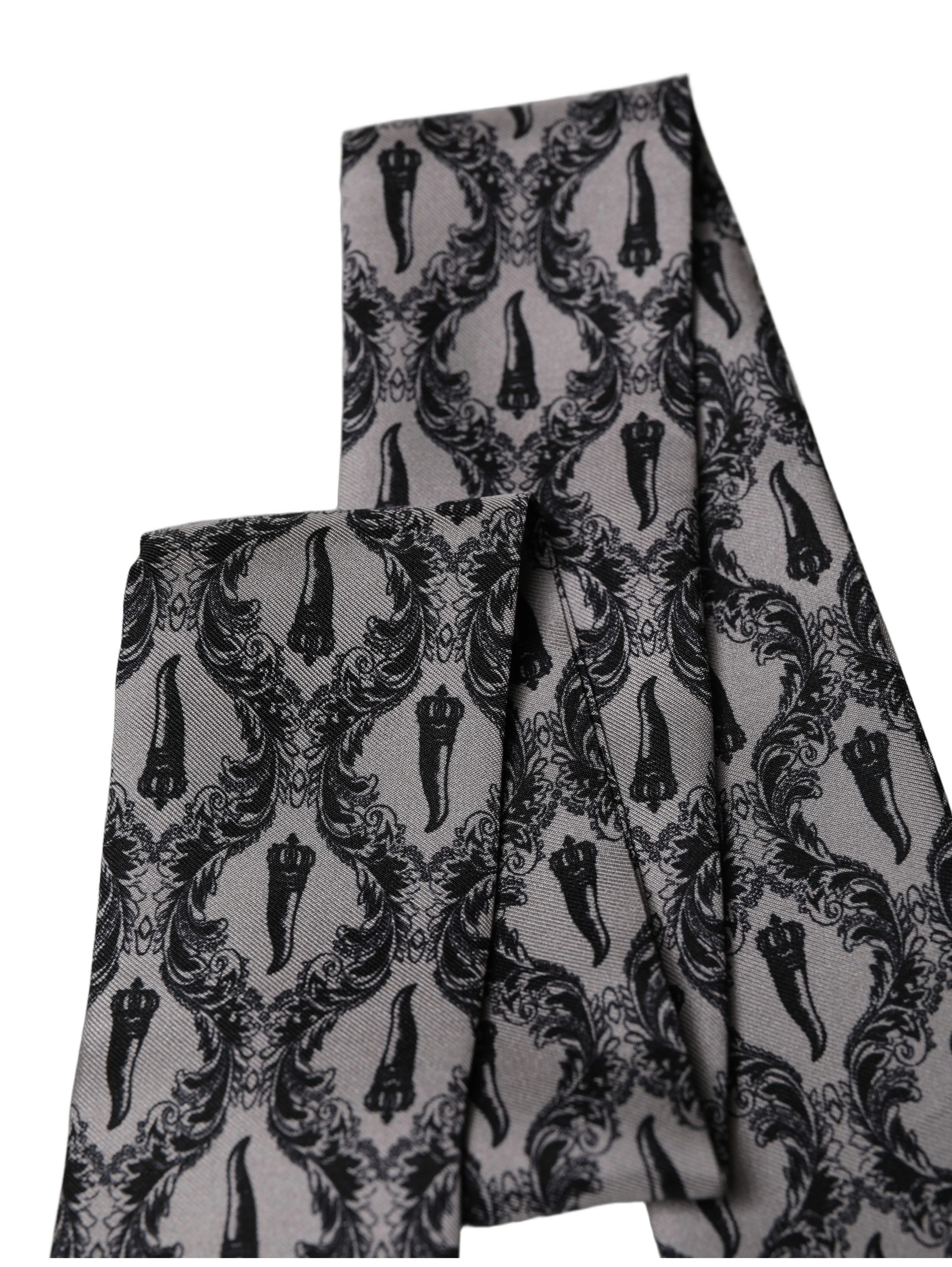 Gray Baroque Silk Fringed Skinny Foulard Scarf