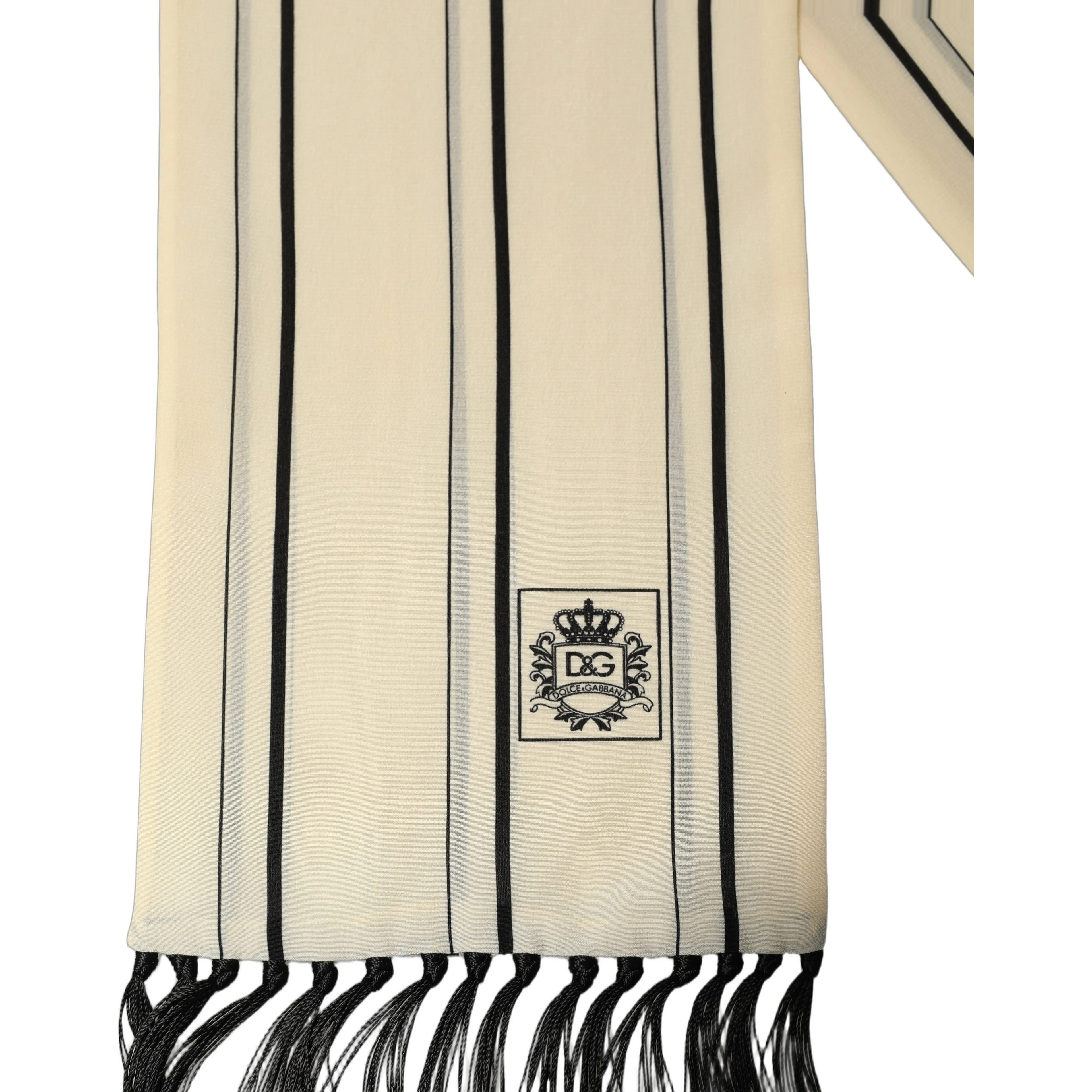 Beige Silk Striped Fringed Neck Shawl Scarf
