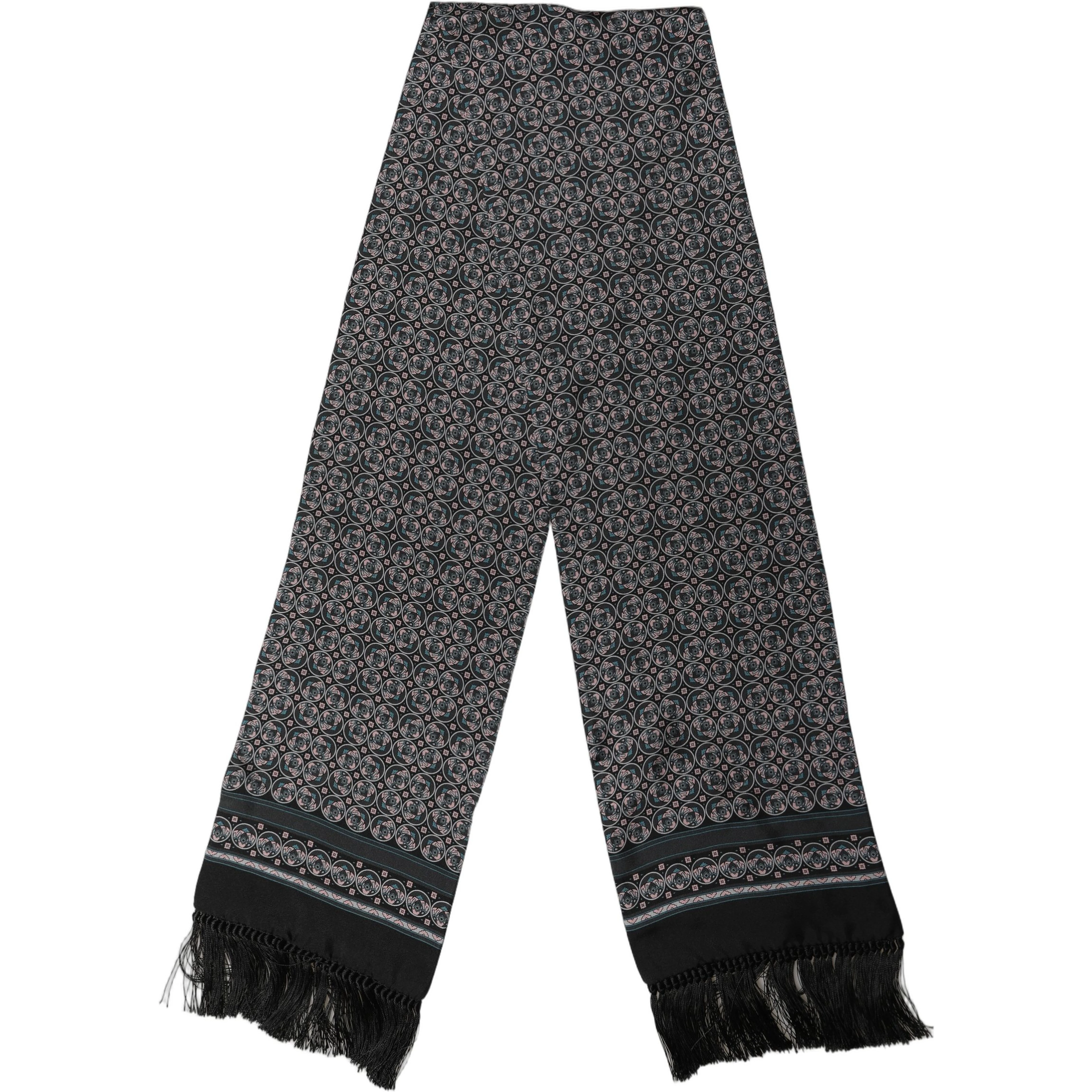 Black Silk Geometric Fringed Neck Shawl Scarf