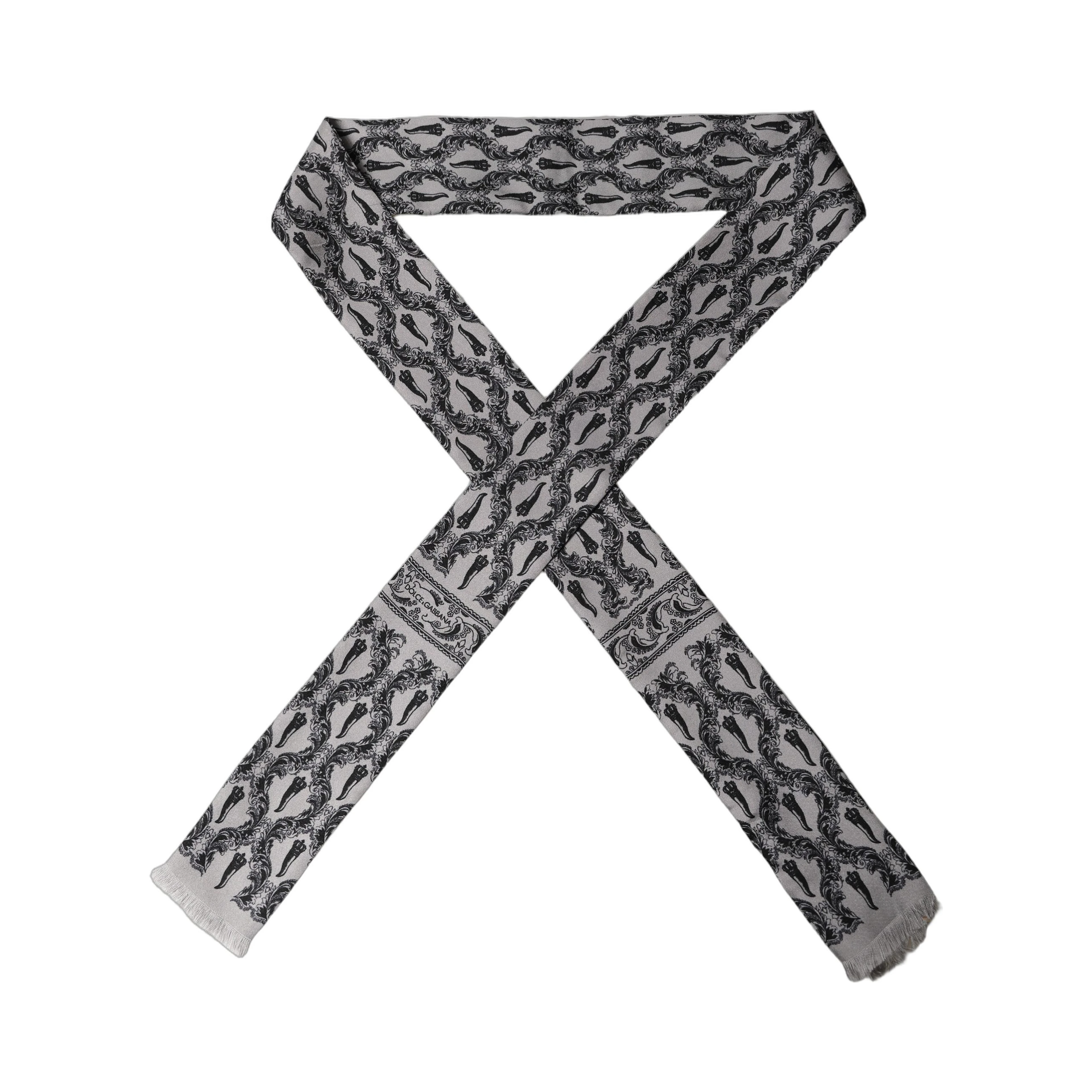 Gray Baroque Silk Fringed Skinny Foulard Scarf