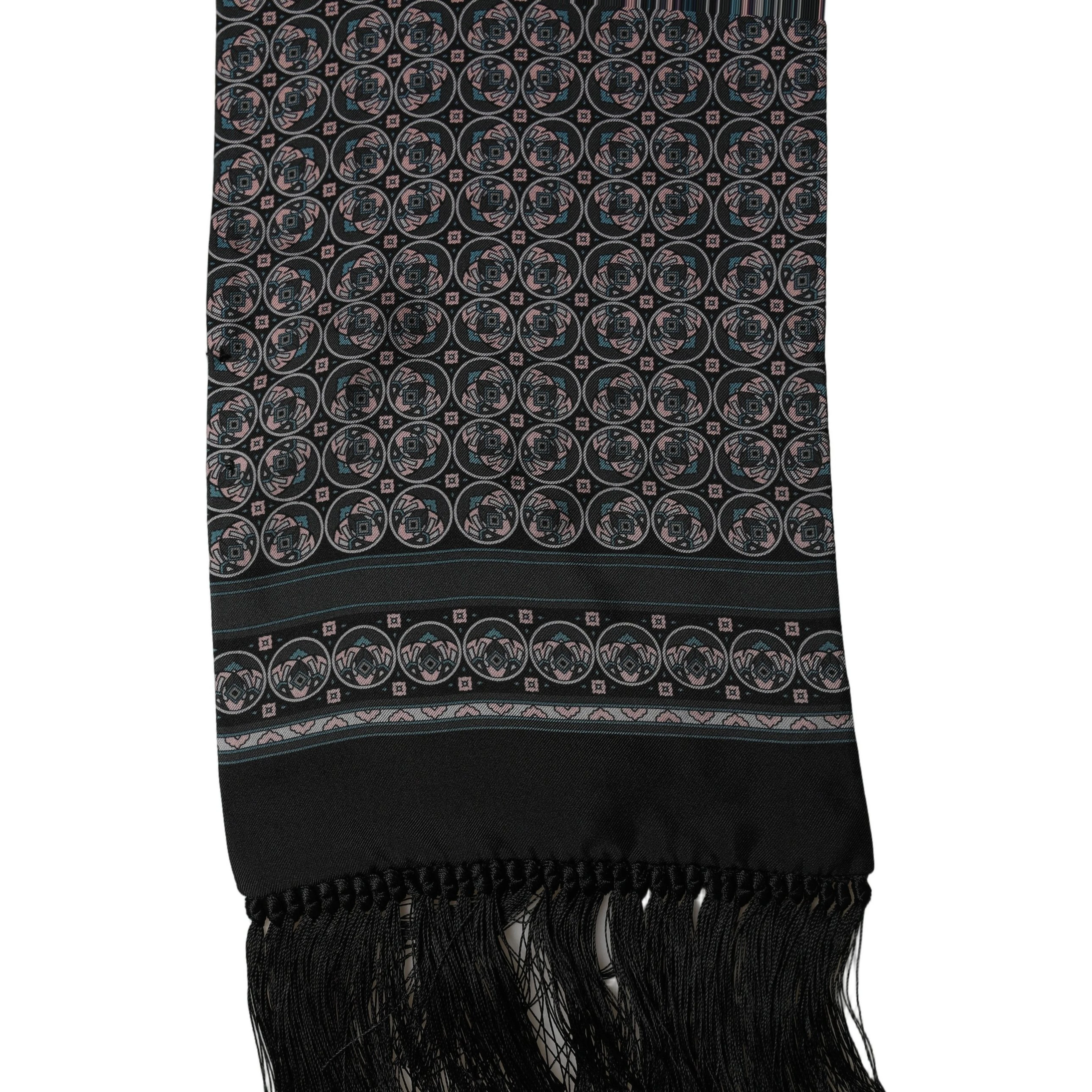 Black Silk Geometric Fringed Neck Shawl Scarf