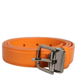Orange Leather Silver Tone Metal Buckle Belt