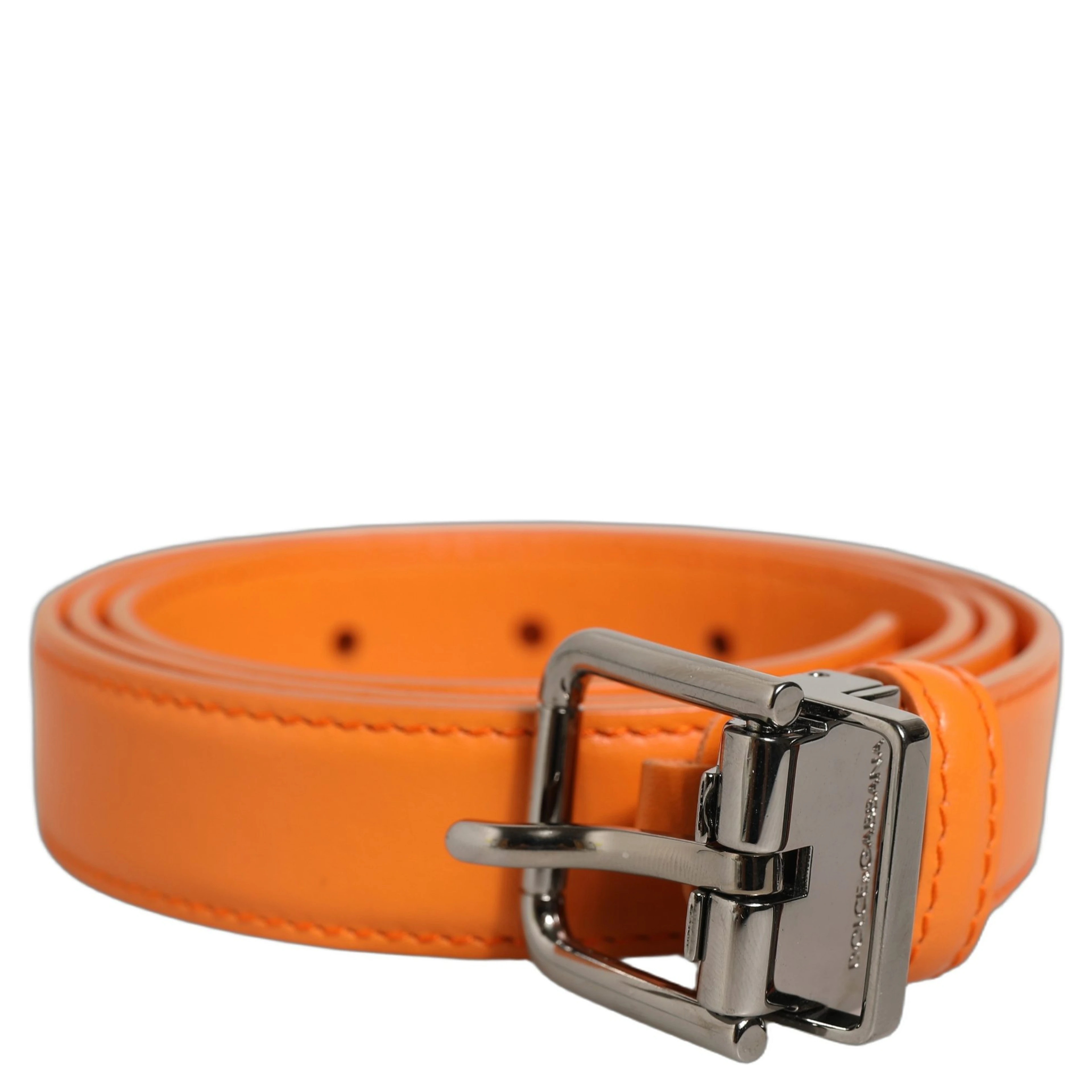 Orange Leather Silver Tone Metal Buckle Belt
