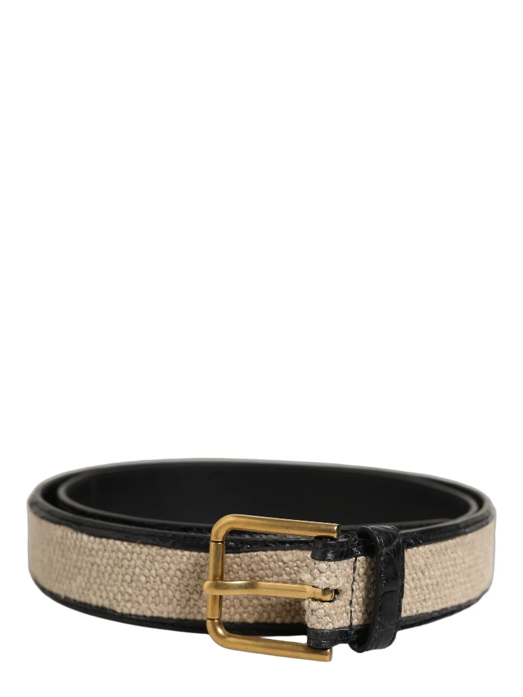 Beige Black Woven Leather Metal Buckle Belt