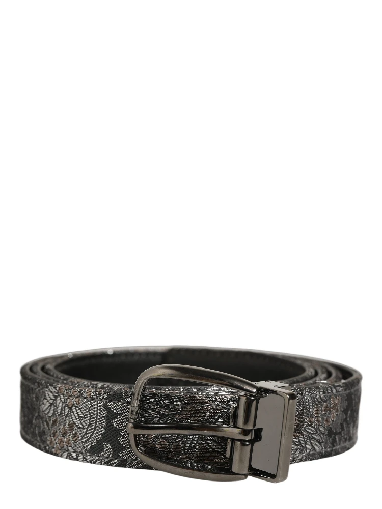 Silver Black Floral Jacquard Metal Buckle Belt