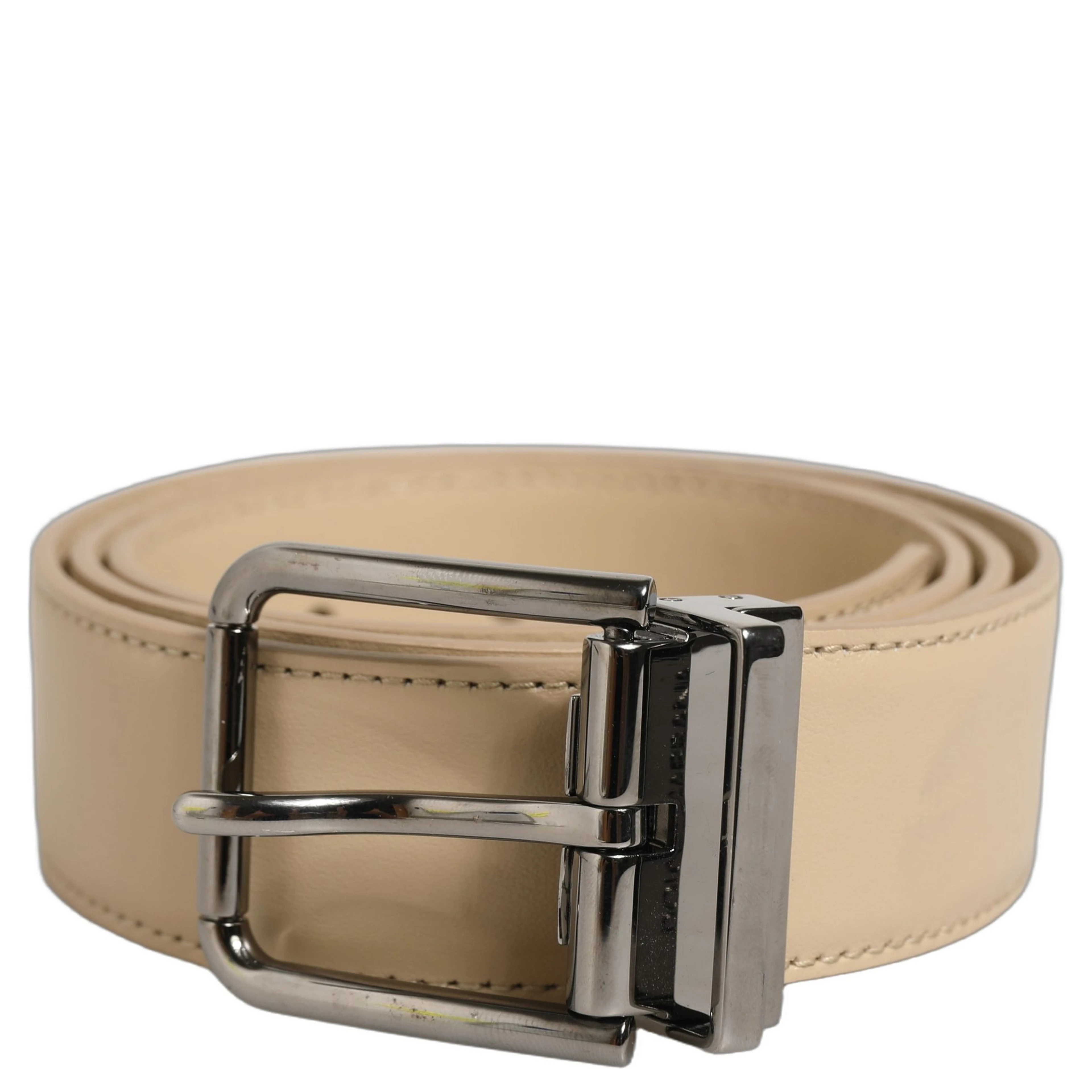 Beige Leather Silver Tone Metal Buckle Belt