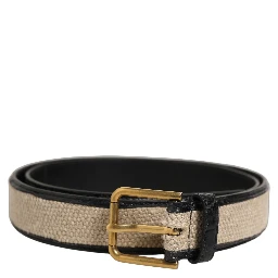 Beige Black Woven Leather Metal Buckle Belt