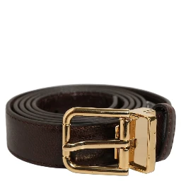 Men Brown Leather Gold Tone Metal Buckle Belt