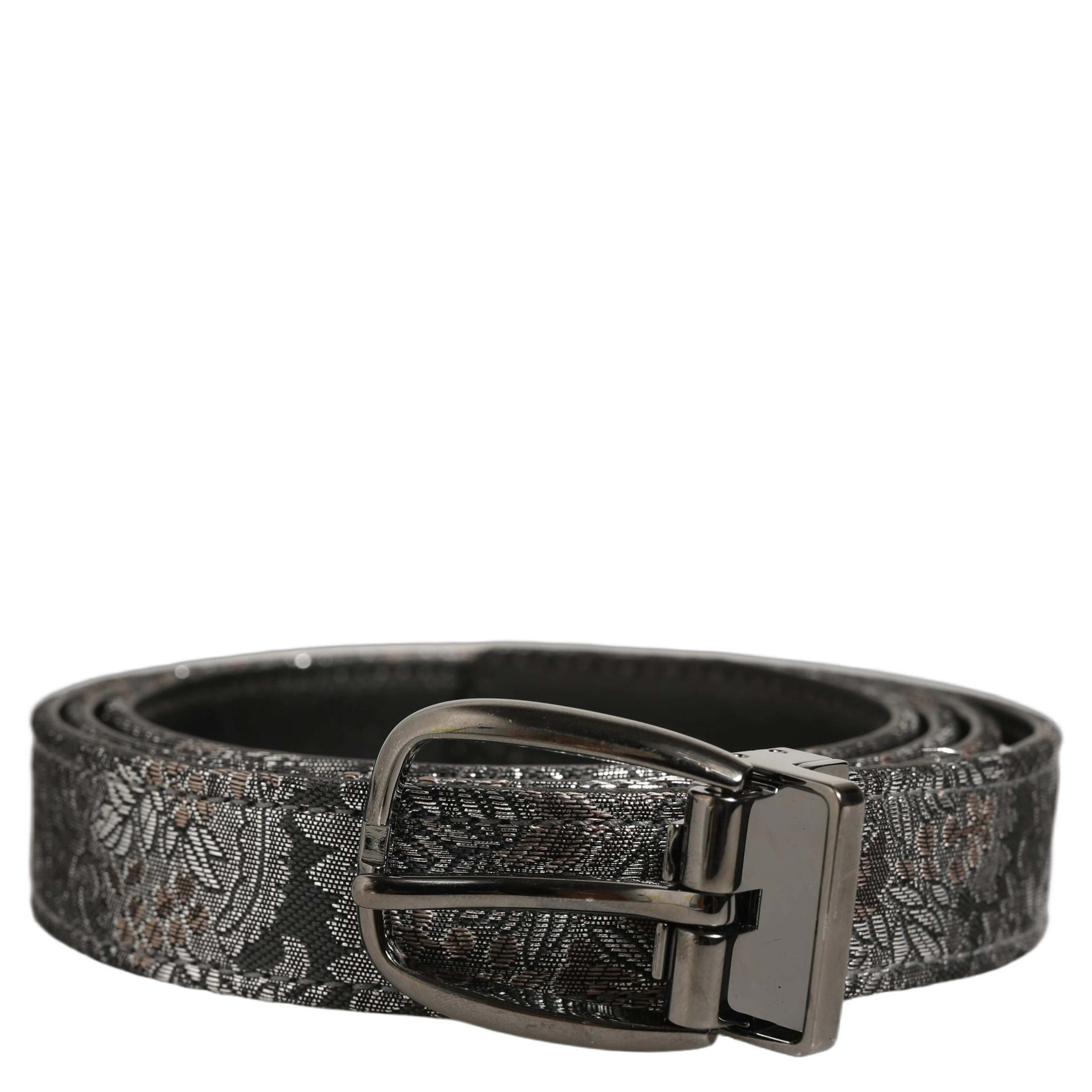 Silver Black Floral Jacquard Metal Buckle Belt