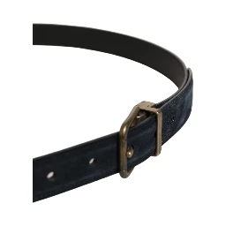 Men Black Leather Gold Tone Metal Buckle Belt