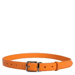 Orange Leather Silver Tone Metal Buckle Belt