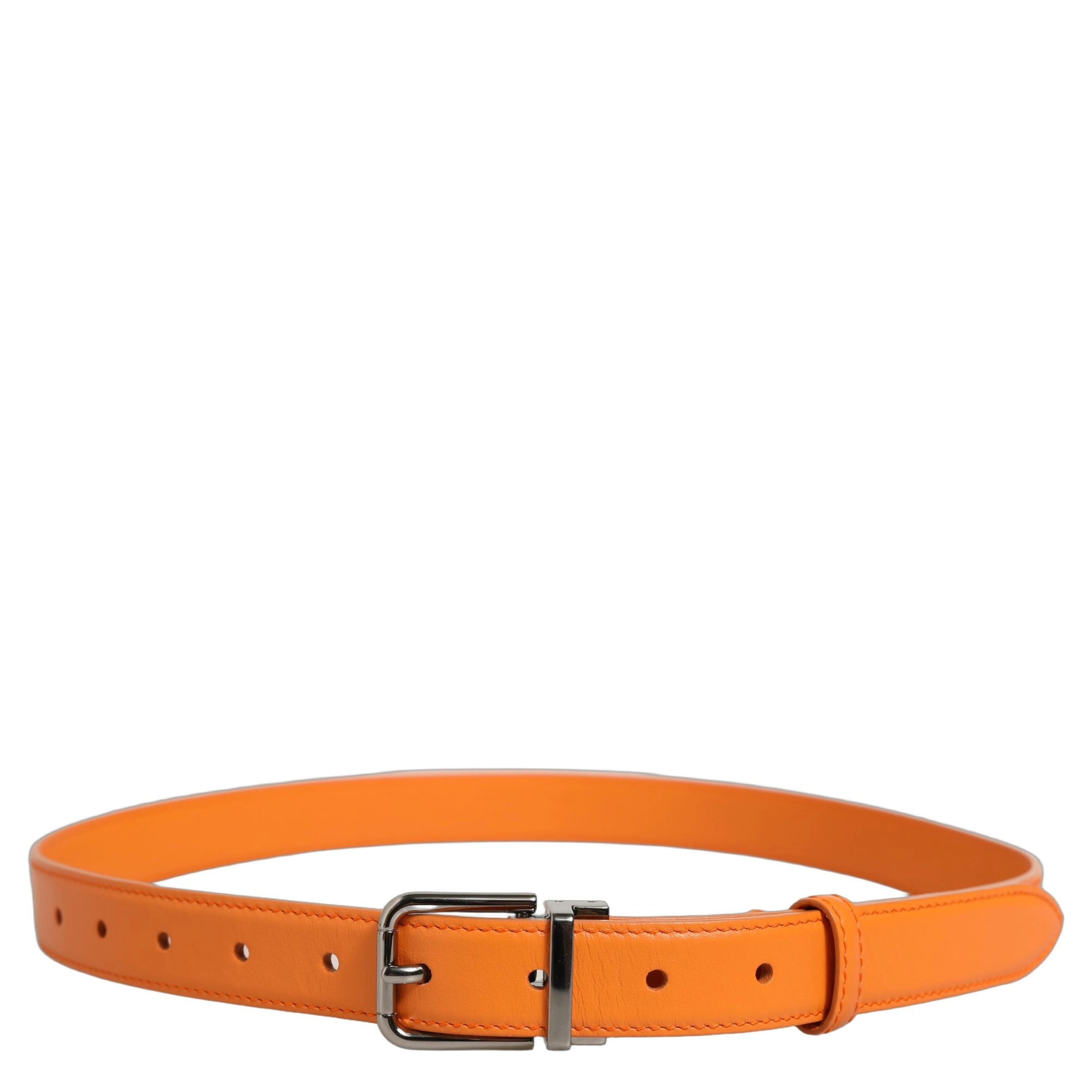 Orange Leather Silver Tone Metal Buckle Belt