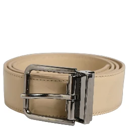 Beige Leather Silver Tone Metal Buckle Belt