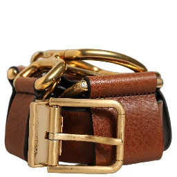 Brown Leather Gold Metal Rings Buckle Belt