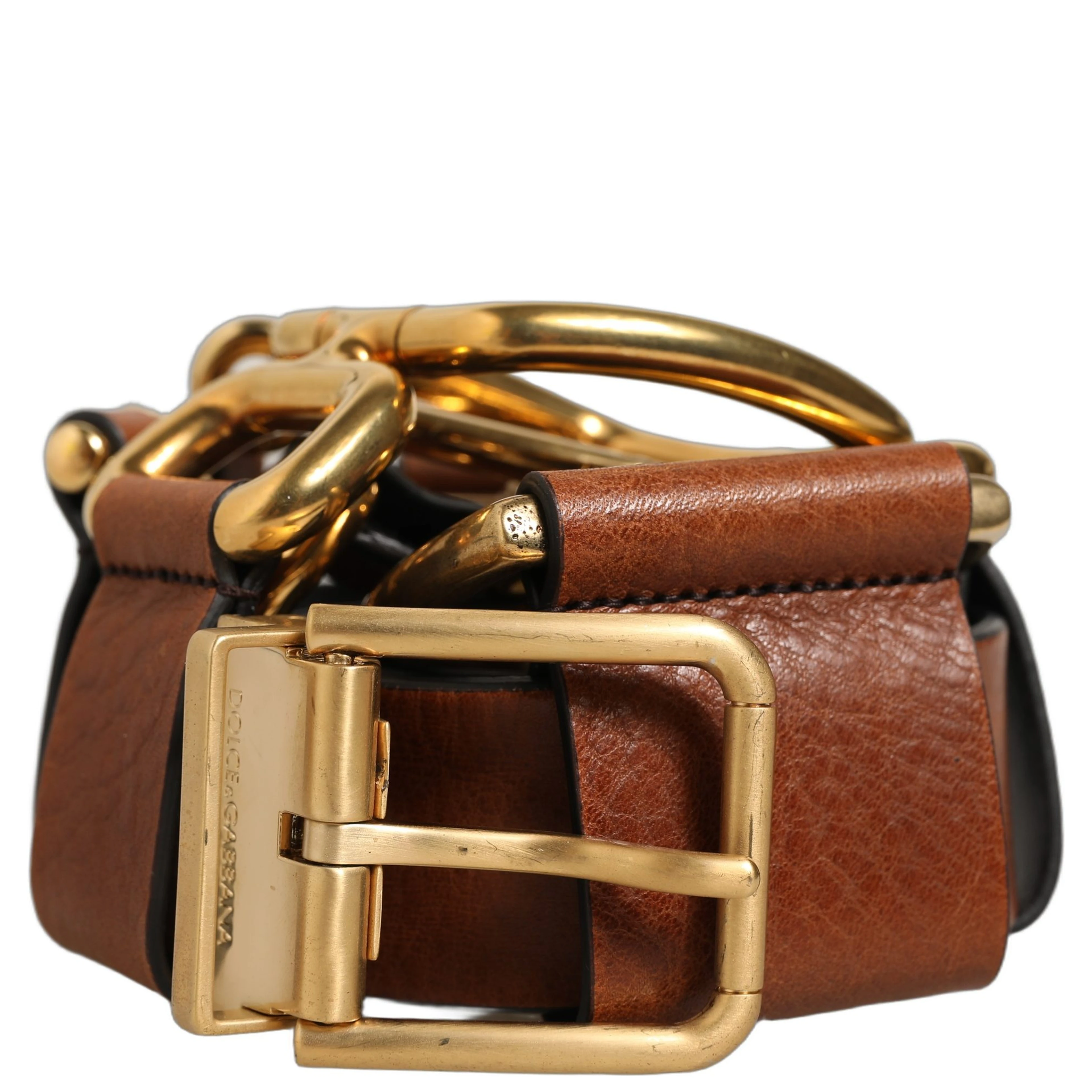Brown Leather Gold Metal Rings Buckle Belt