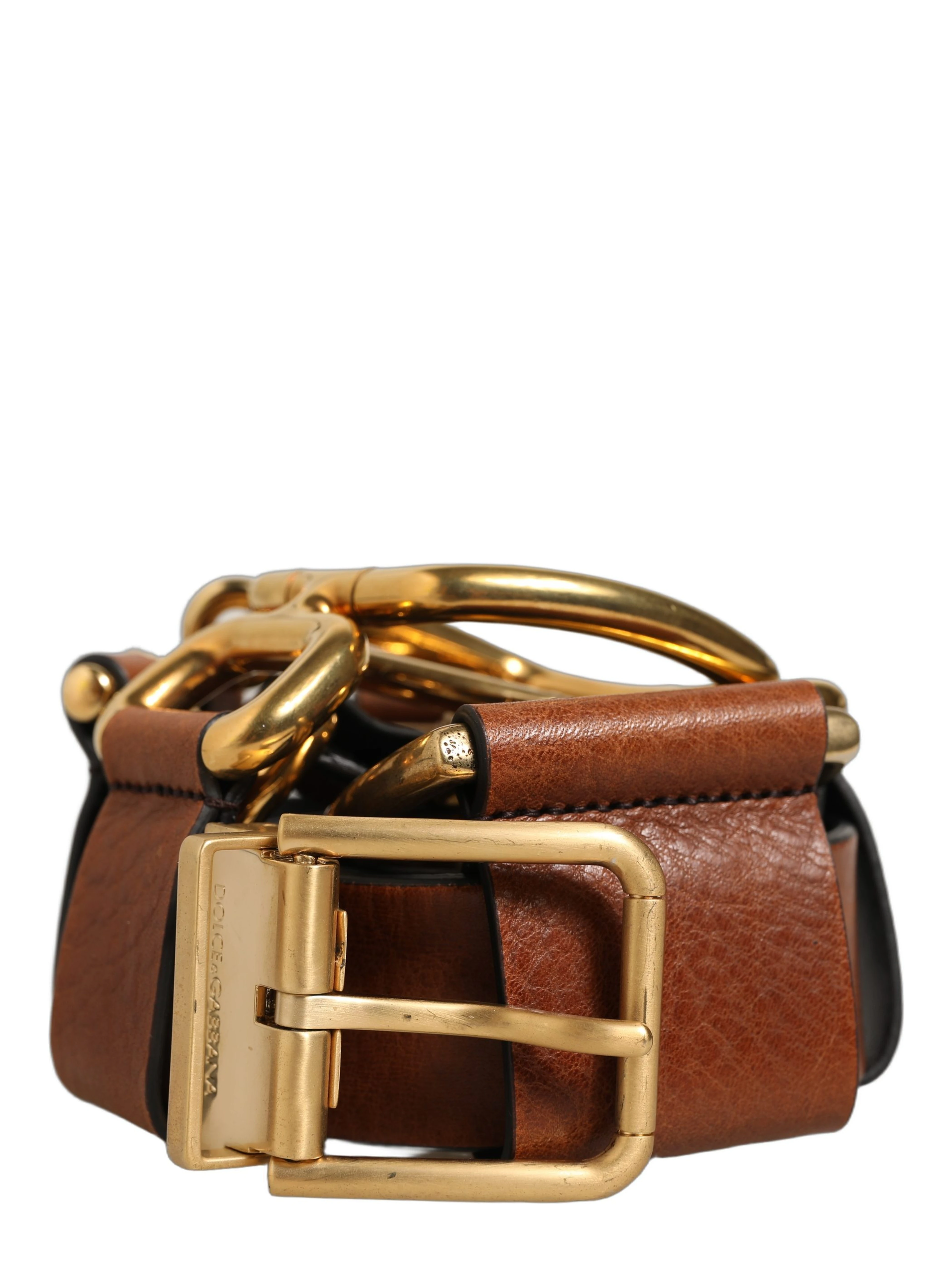 Brown Leather Gold Metal Rings Buckle Belt