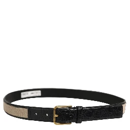 Beige Black Woven Leather Metal Buckle Belt