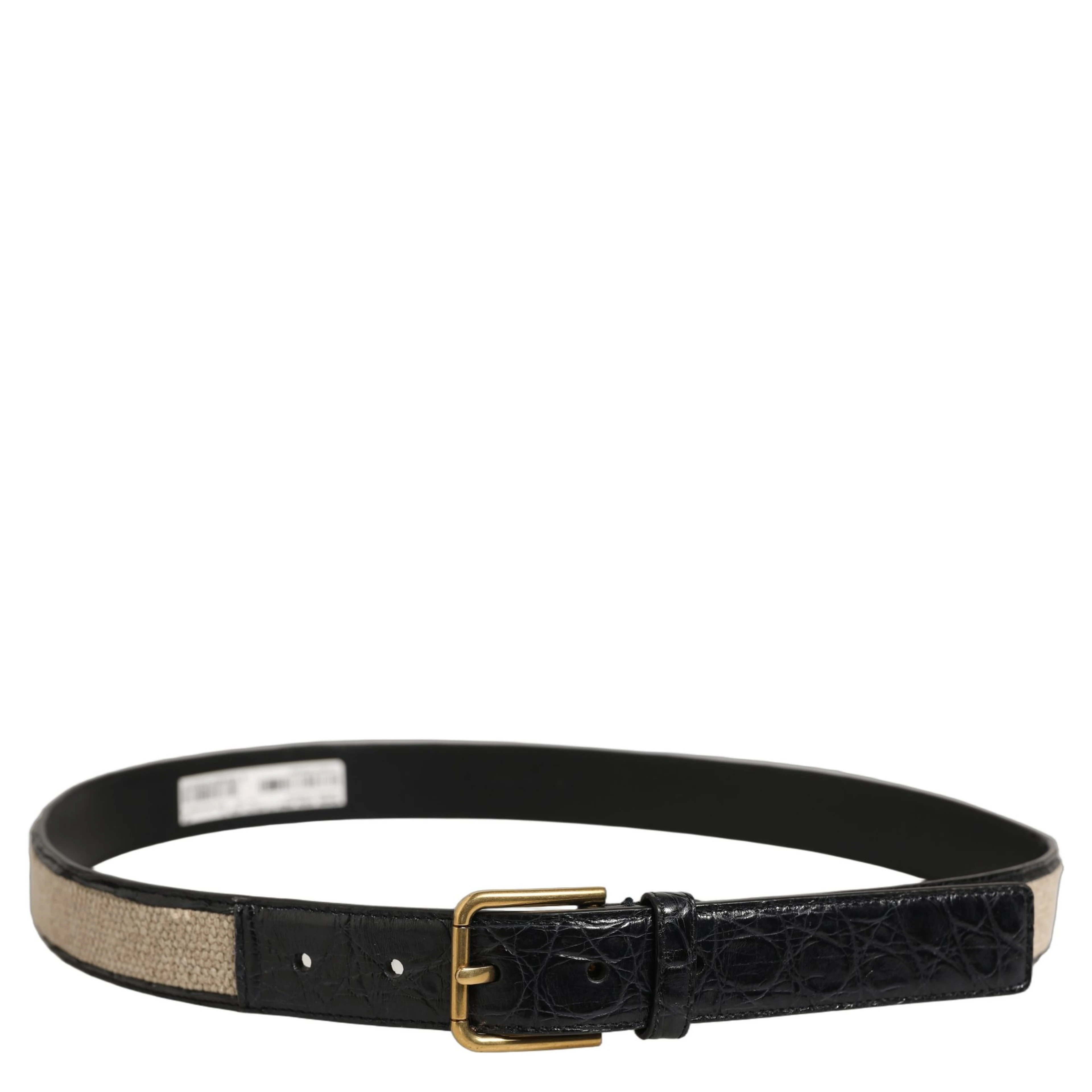 Beige Black Woven Leather Metal Buckle Belt