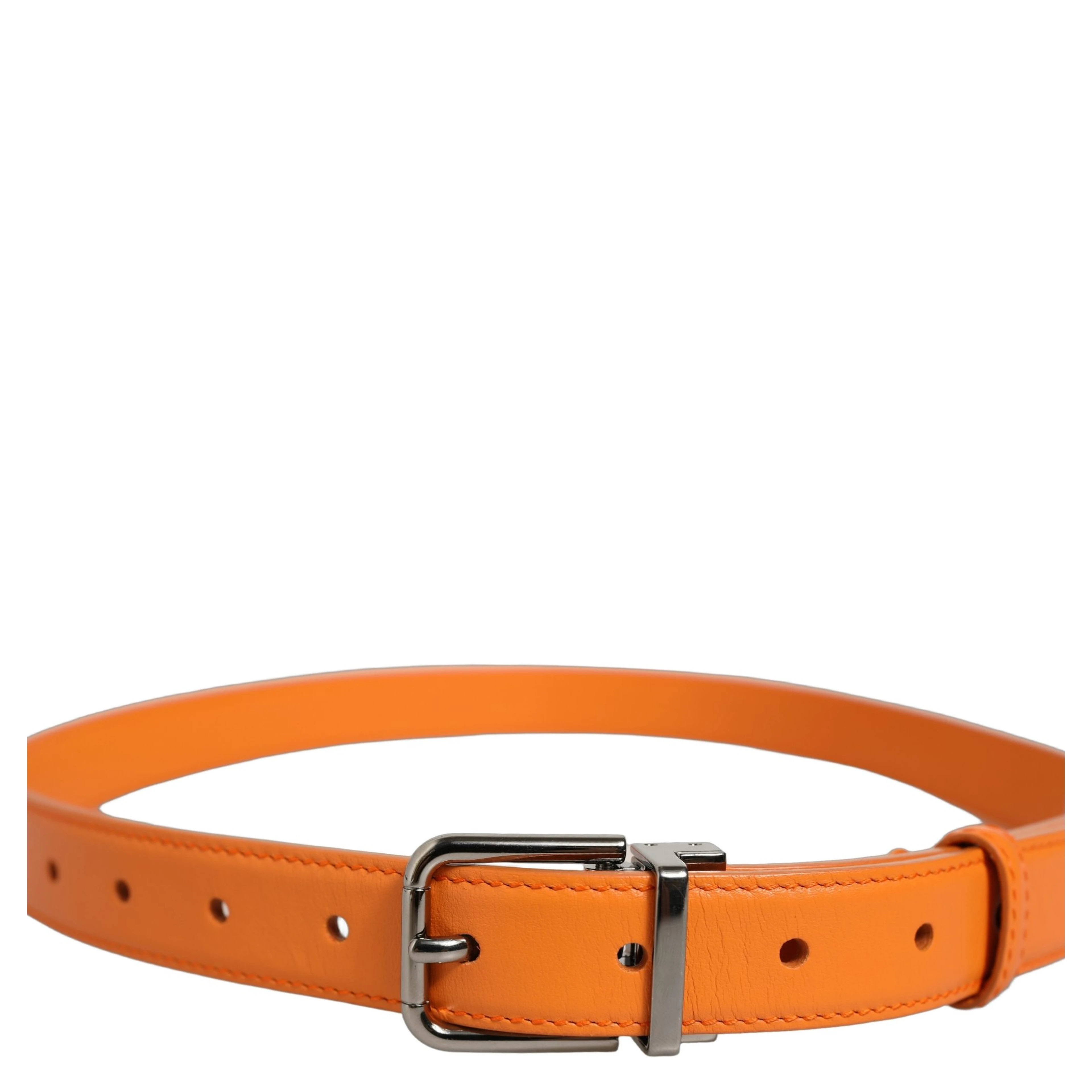 Orange Leather Silver Tone Metal Buckle Belt