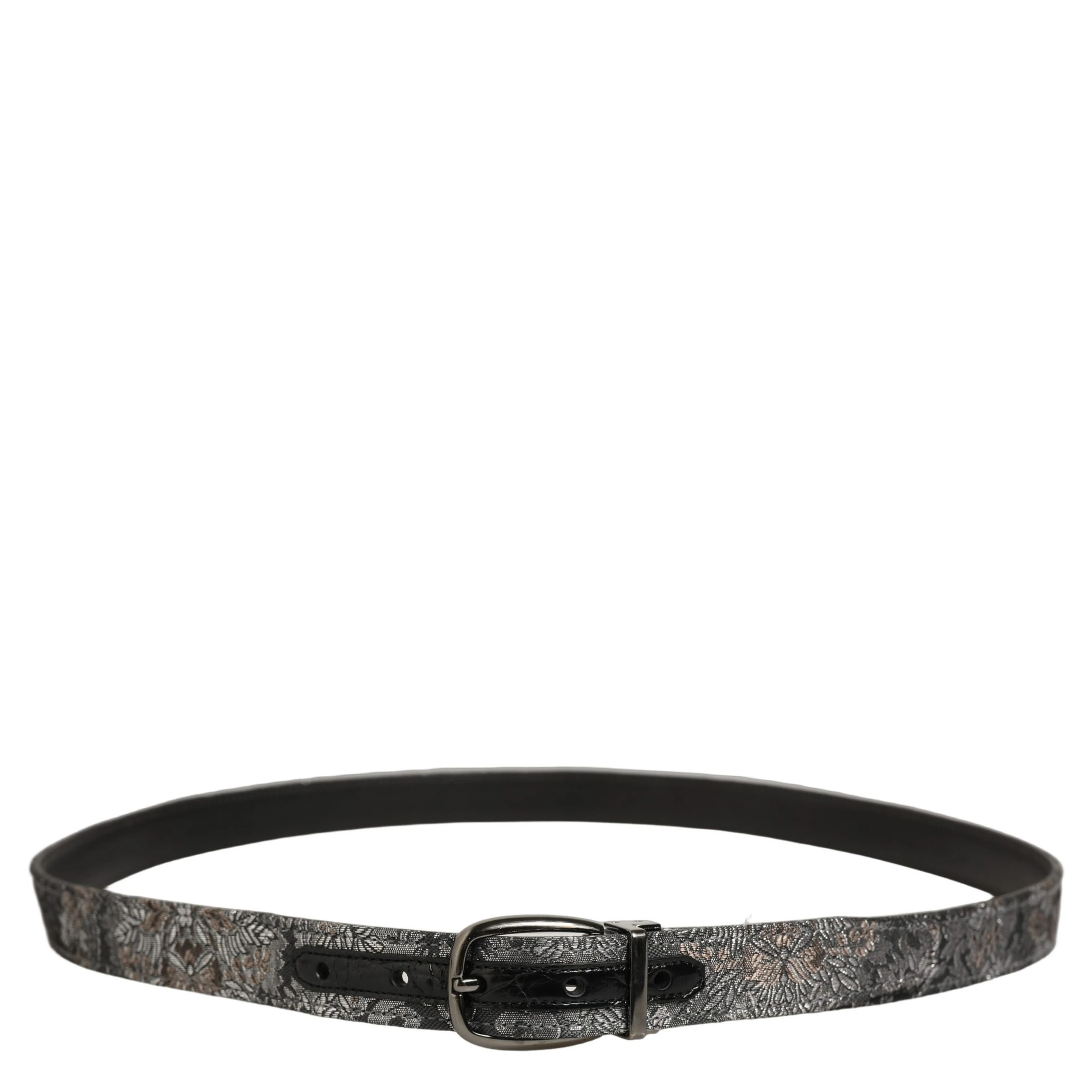Silver Black Floral Jacquard Metal Buckle Belt
