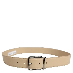 Beige Leather Silver Tone Metal Buckle Belt