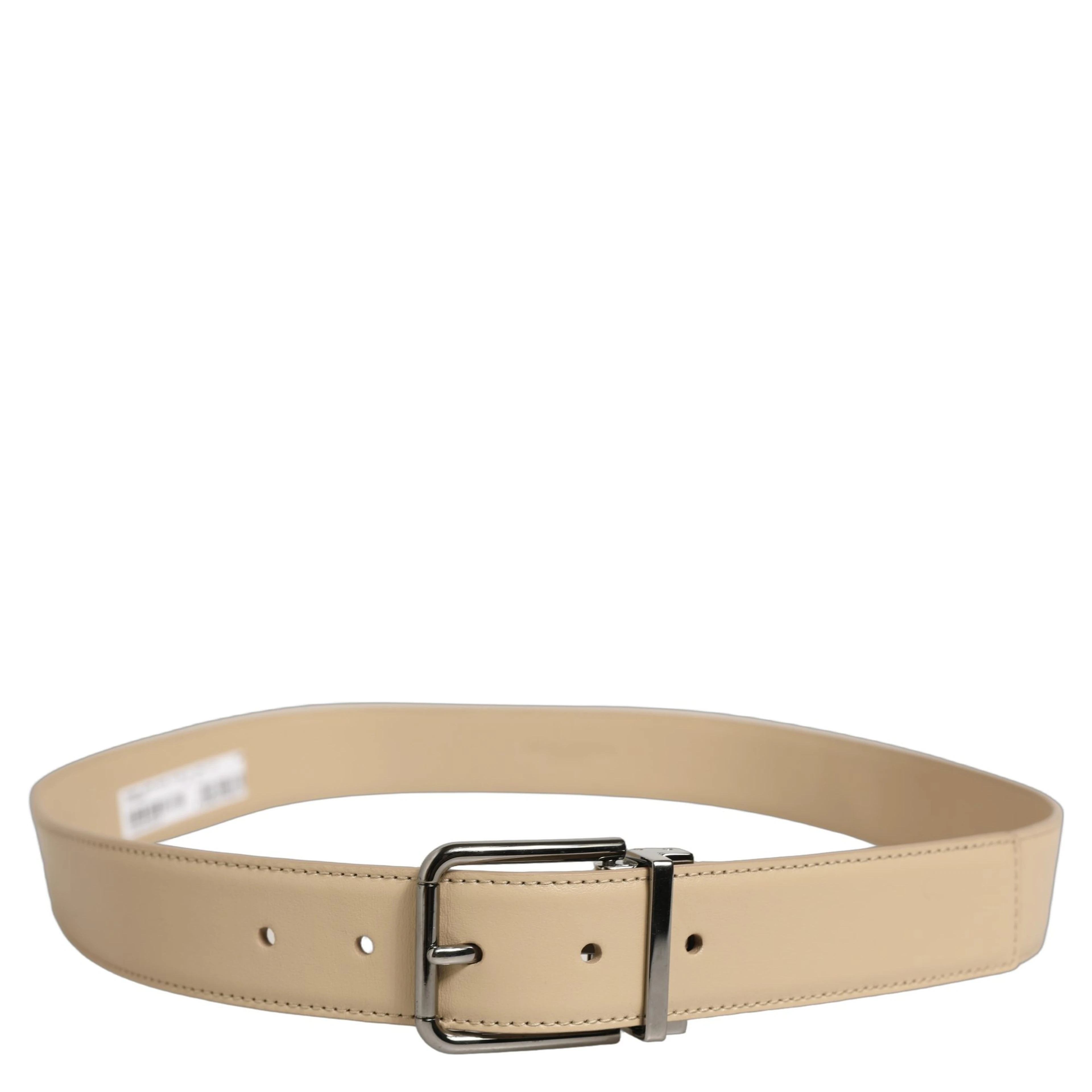 Beige Leather Silver Tone Metal Buckle Belt
