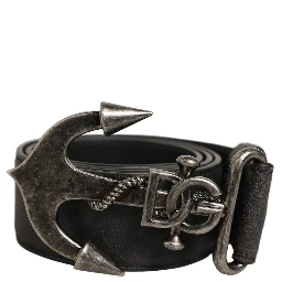 Black Leather Anchor Logo Metal Buckle Belt