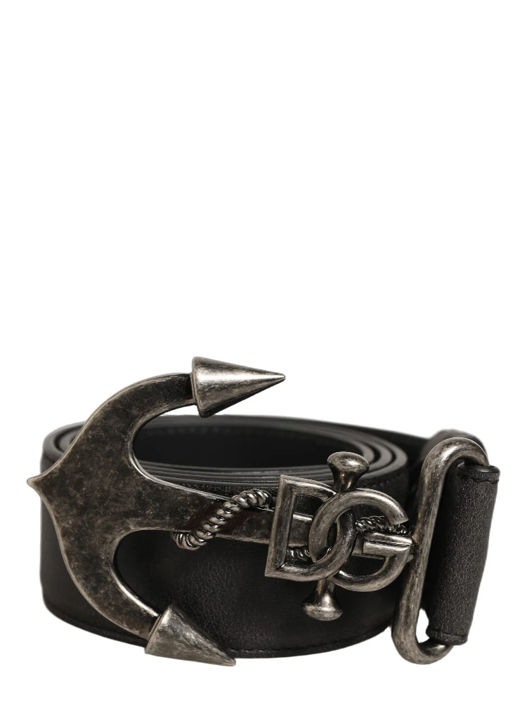Black Leather Anchor Logo Metal Buckle Belt