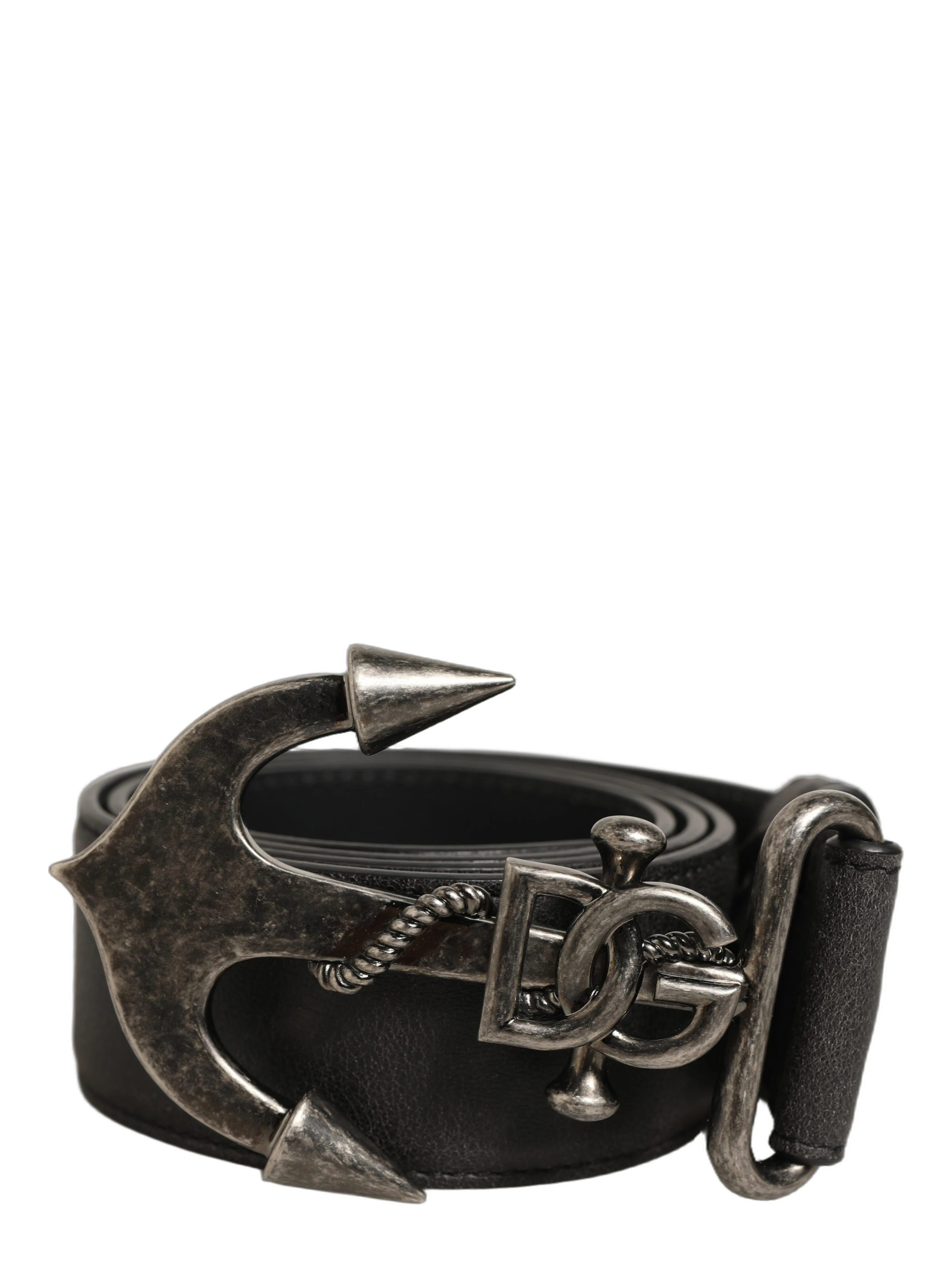 Black Leather Anchor Logo Metal Buckle Belt
