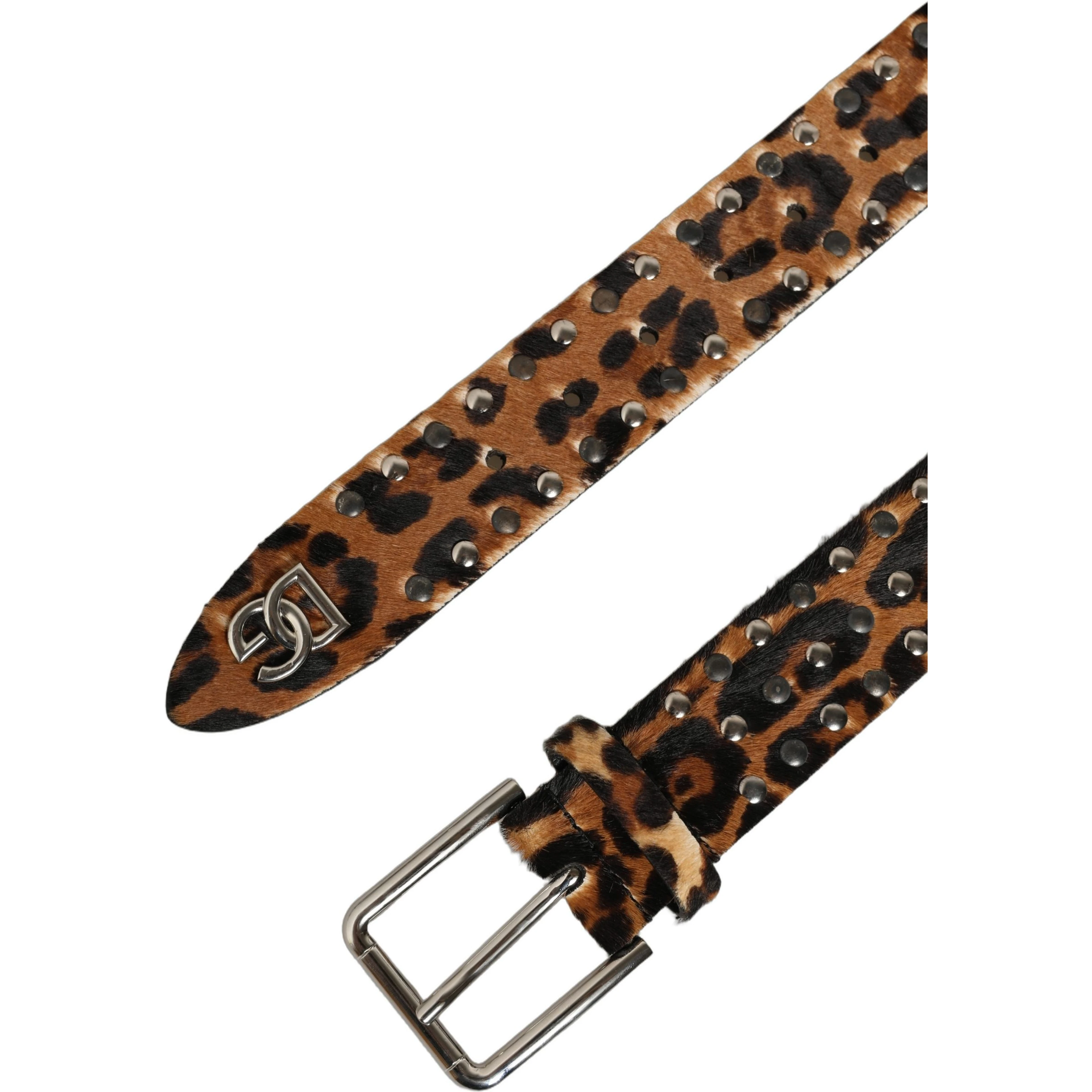 Brown Leopard Calf Hair Studs Metal Buckle Belt