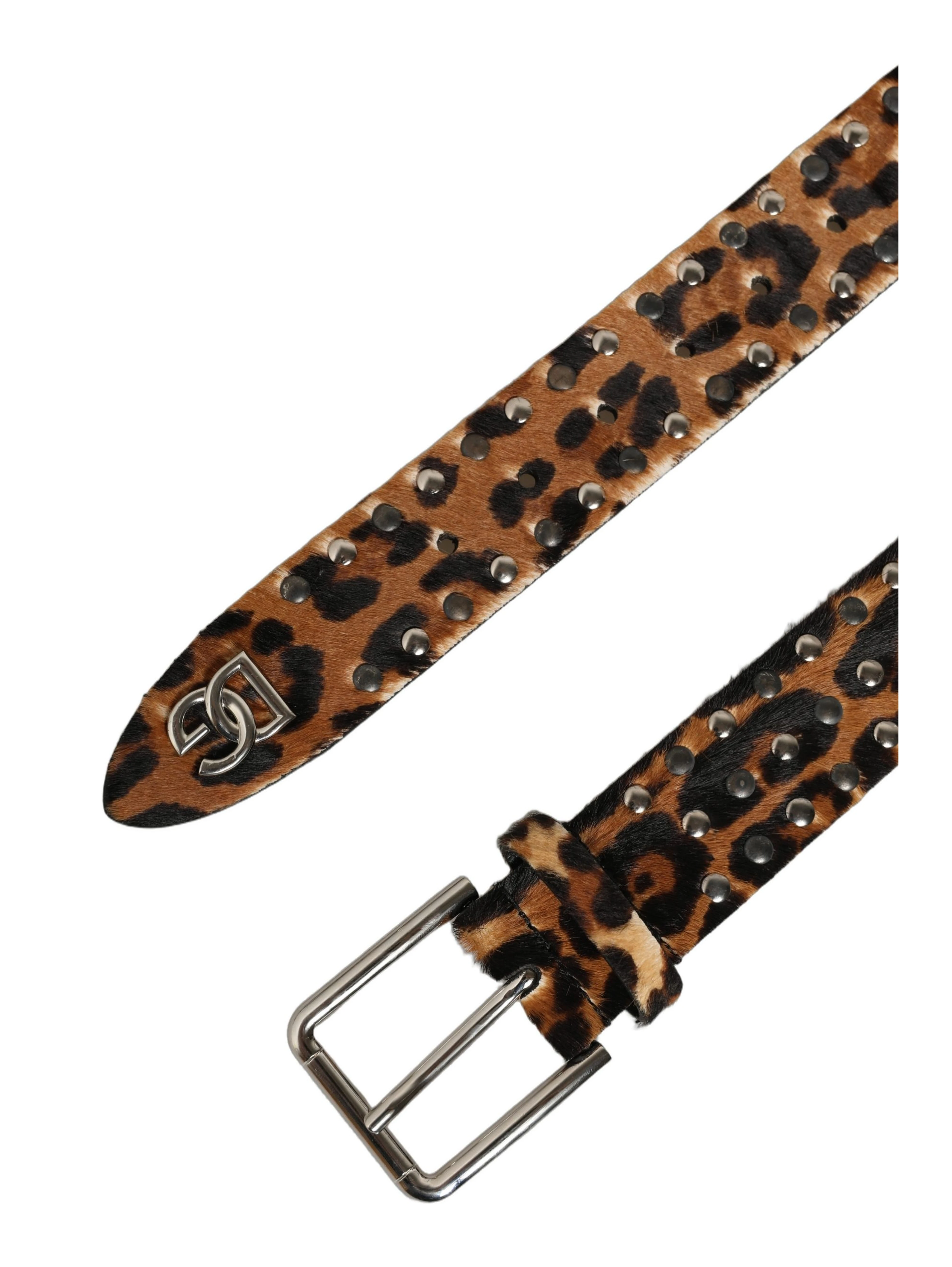 Brown Leopard Calf Hair Studs Metal Buckle Belt