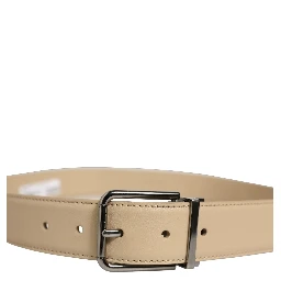 Beige Leather Silver Tone Metal Buckle Belt