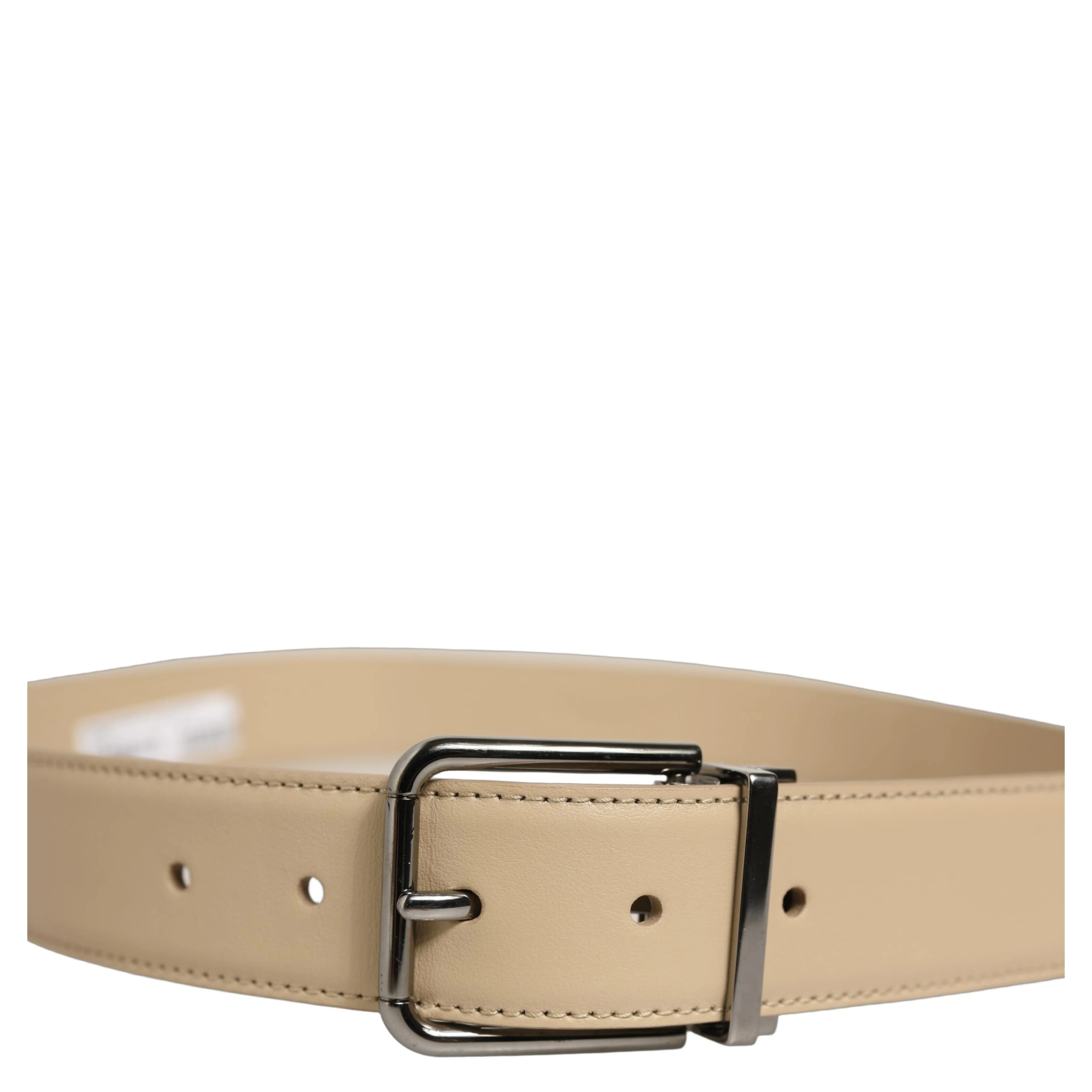 Beige Leather Silver Tone Metal Buckle Belt