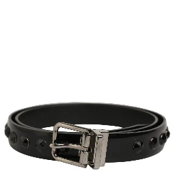 Black Leather Studs Silver Metal Buckle Belt