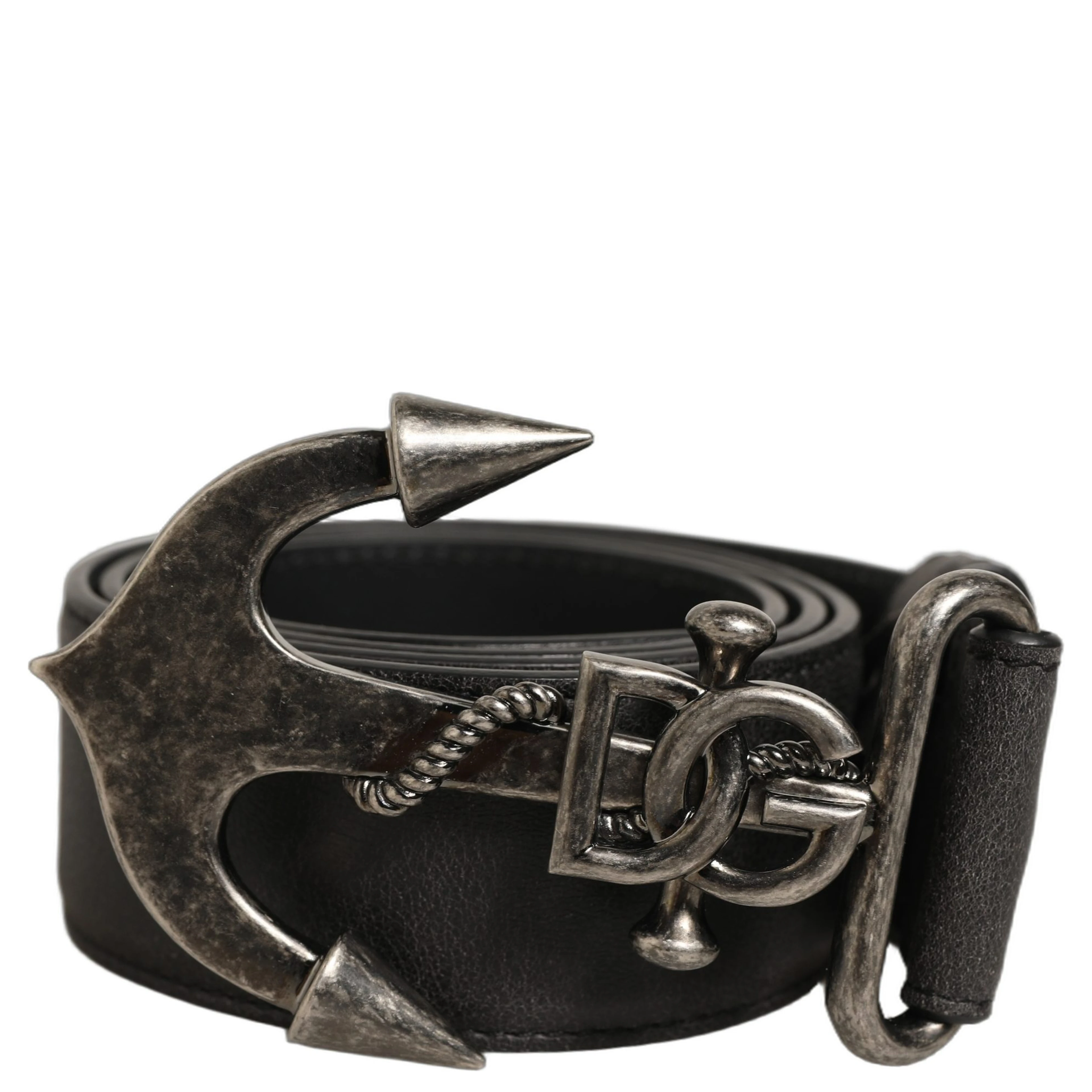 Black Leather Anchor Logo Metal Buckle Belt
