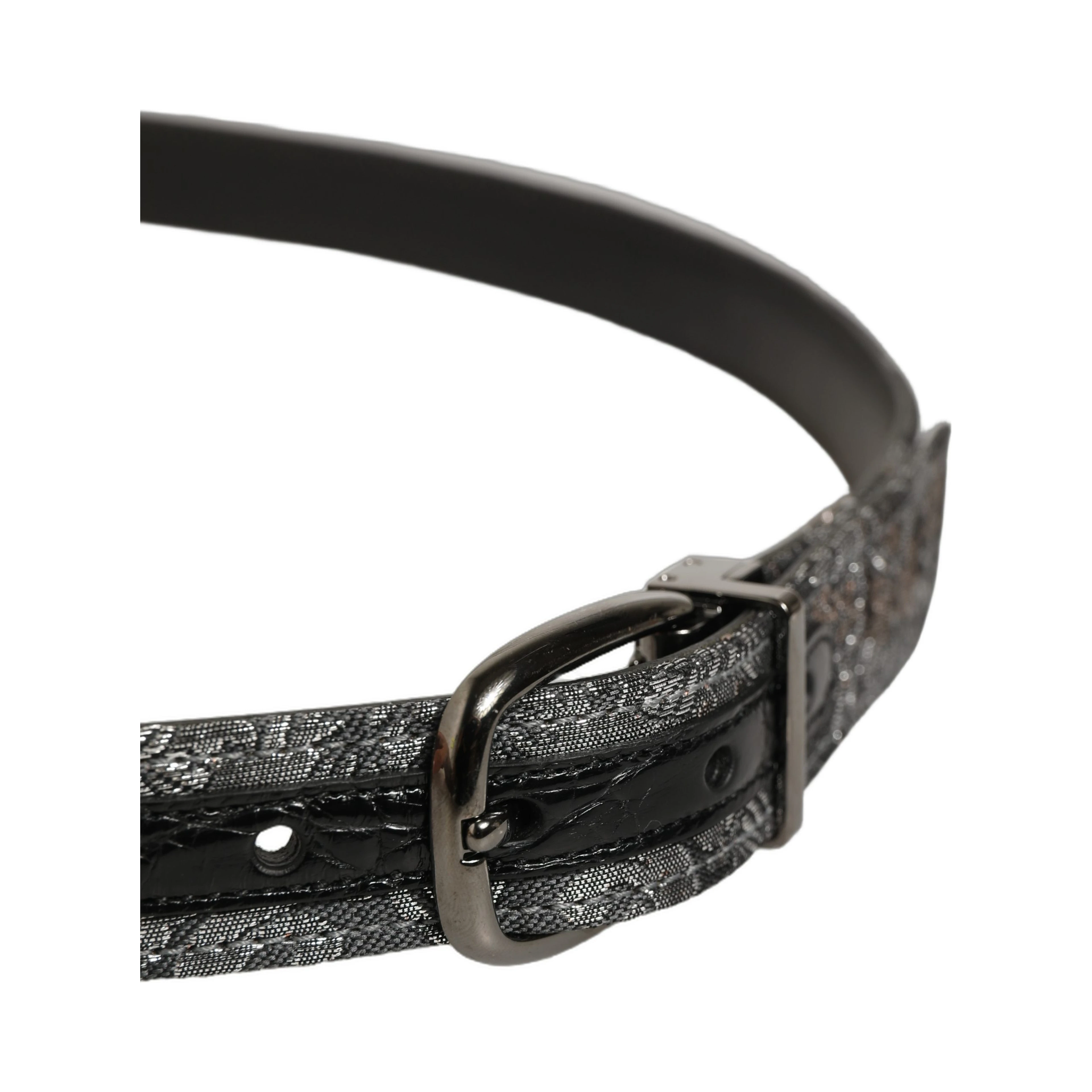 Silver Black Floral Jacquard Metal Buckle Belt
