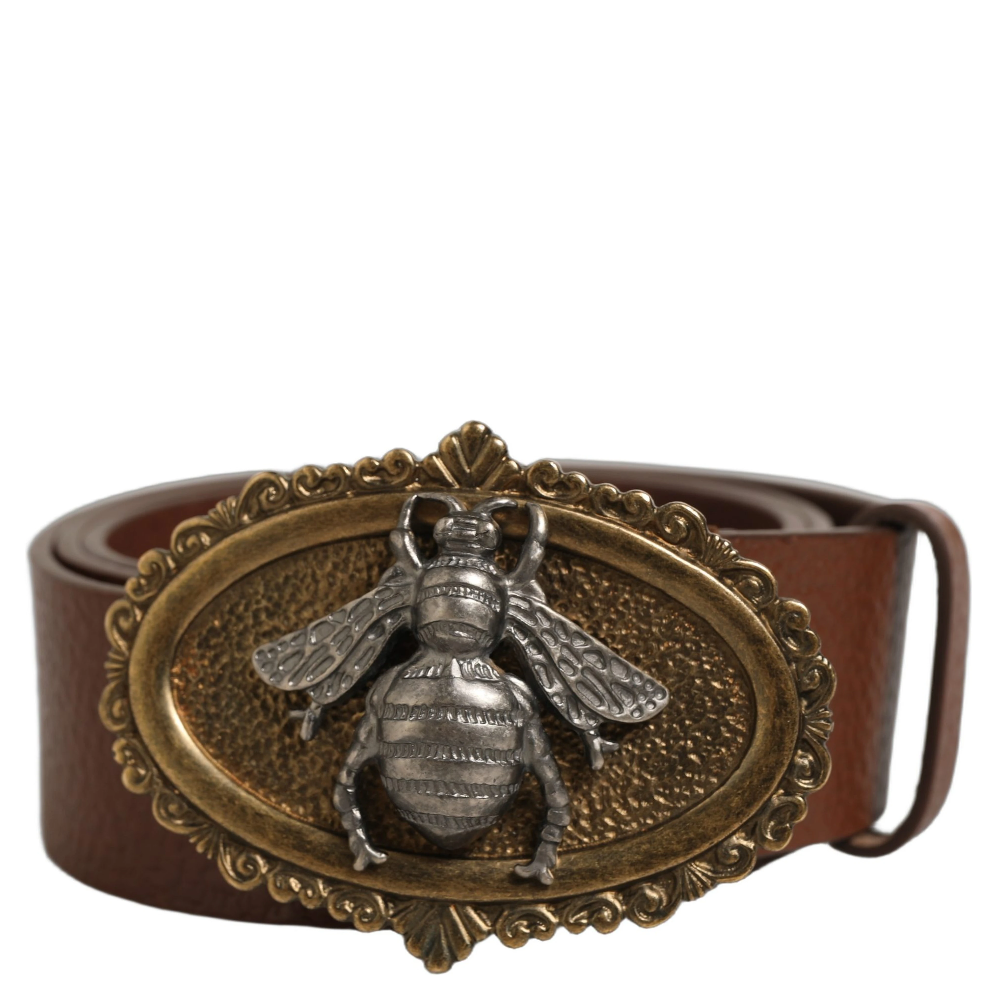 Brown Leather Bee Accent Metal Buckle Belt