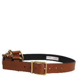 Brown Leather Gold Metal Rings Buckle Belt